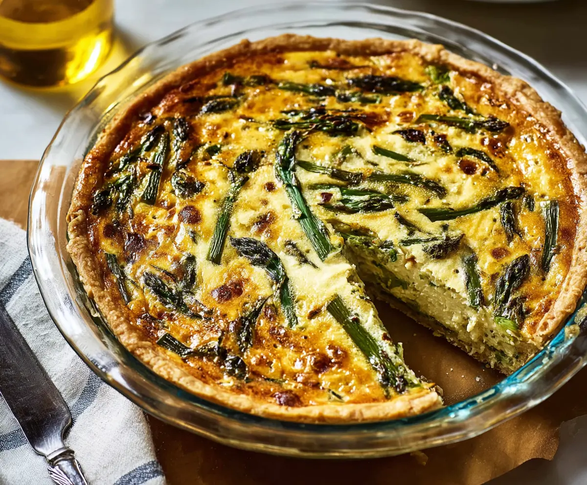 Delicious asparagus and Gruyere cheese quiche on a white plate, perfect for breakfast or brunch.