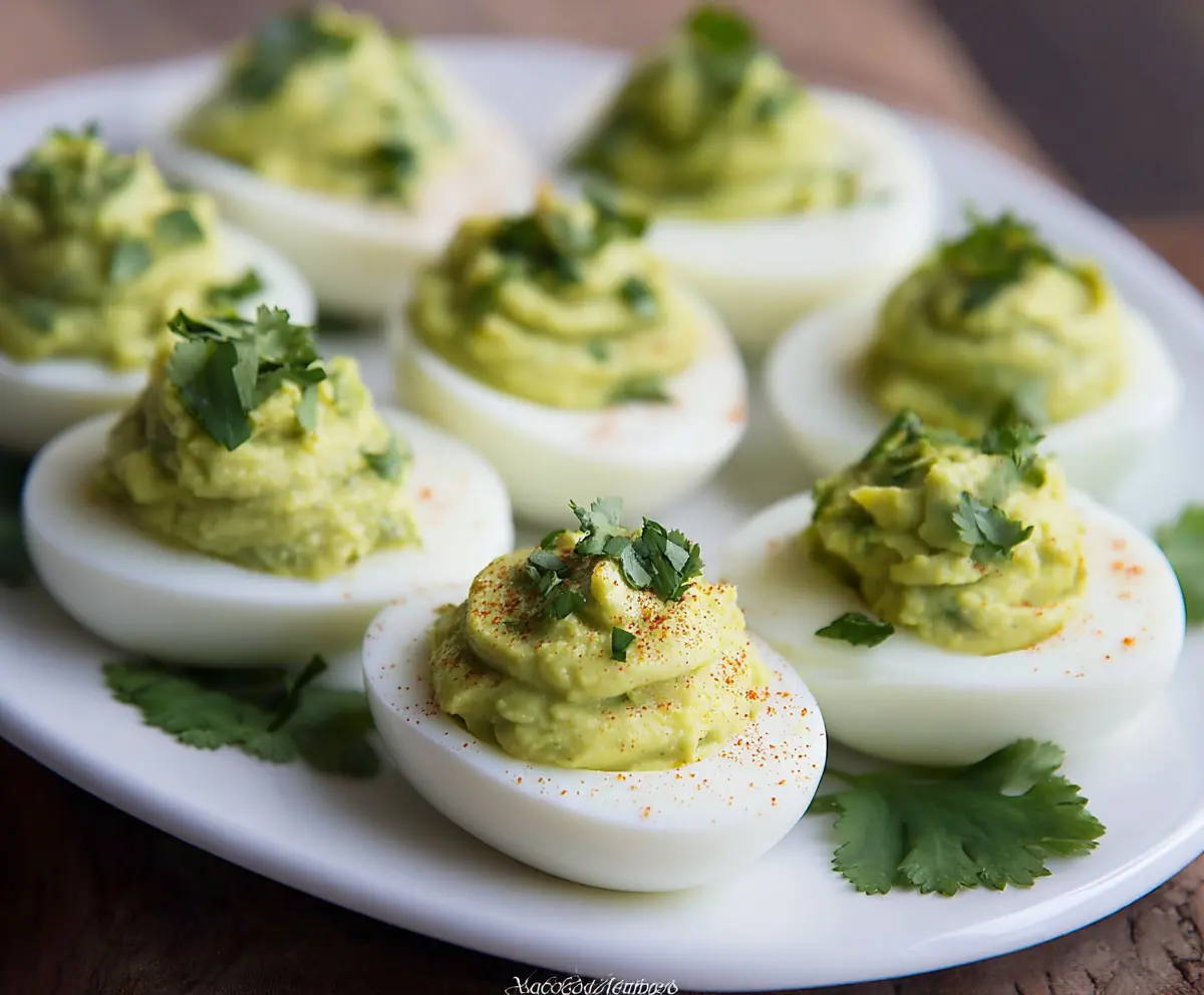 Delicious avocado deviled eggs garnished with herbs on a white plate.