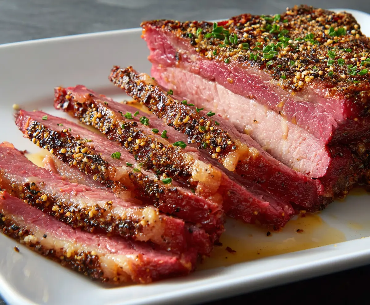 Juicy baked corned beef brisket with crispy edges on a cutting board