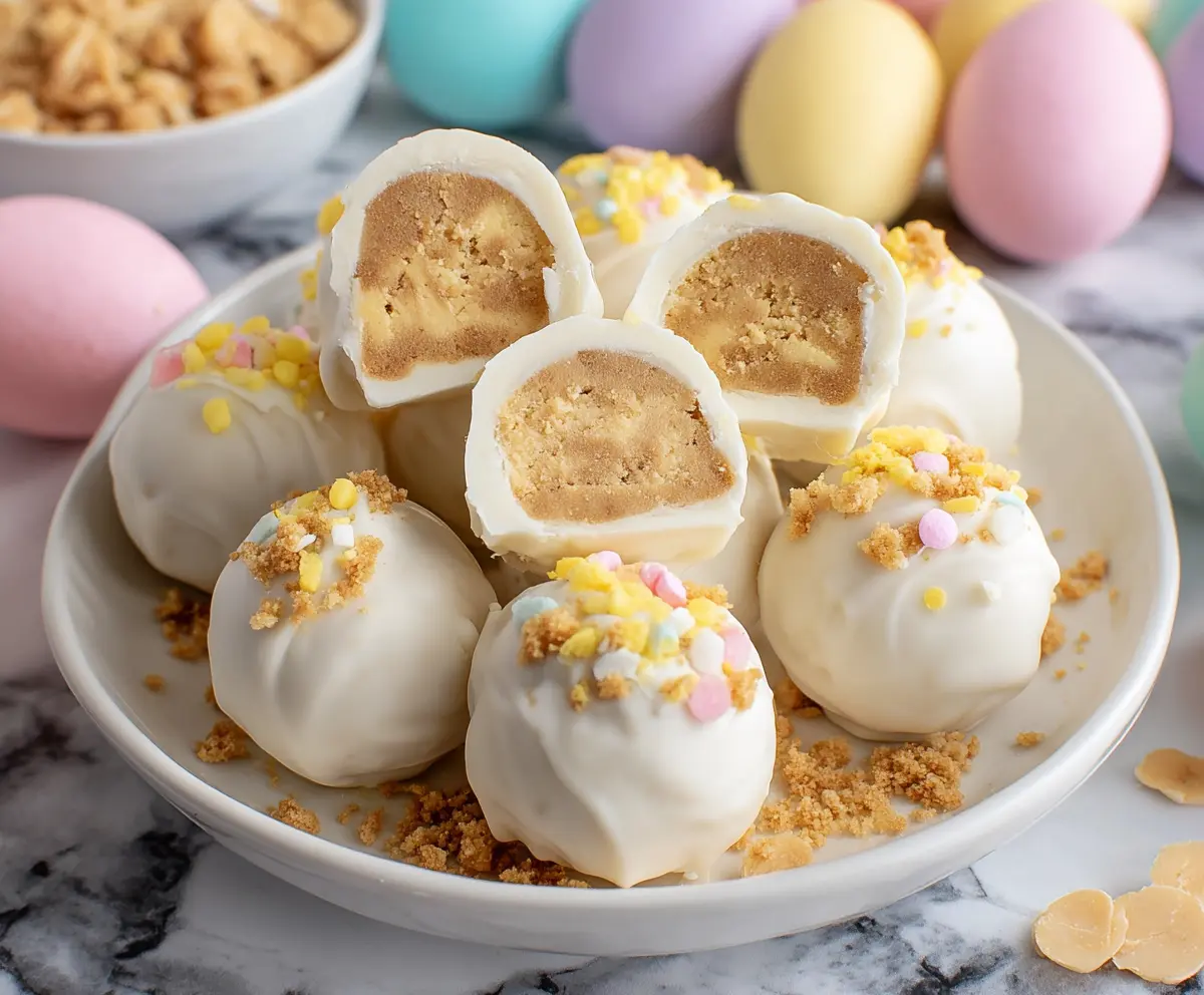 Delicious Banana Pudding Easter Truffles with creamy banana filling and chocolate coating displayed on a festive plate.