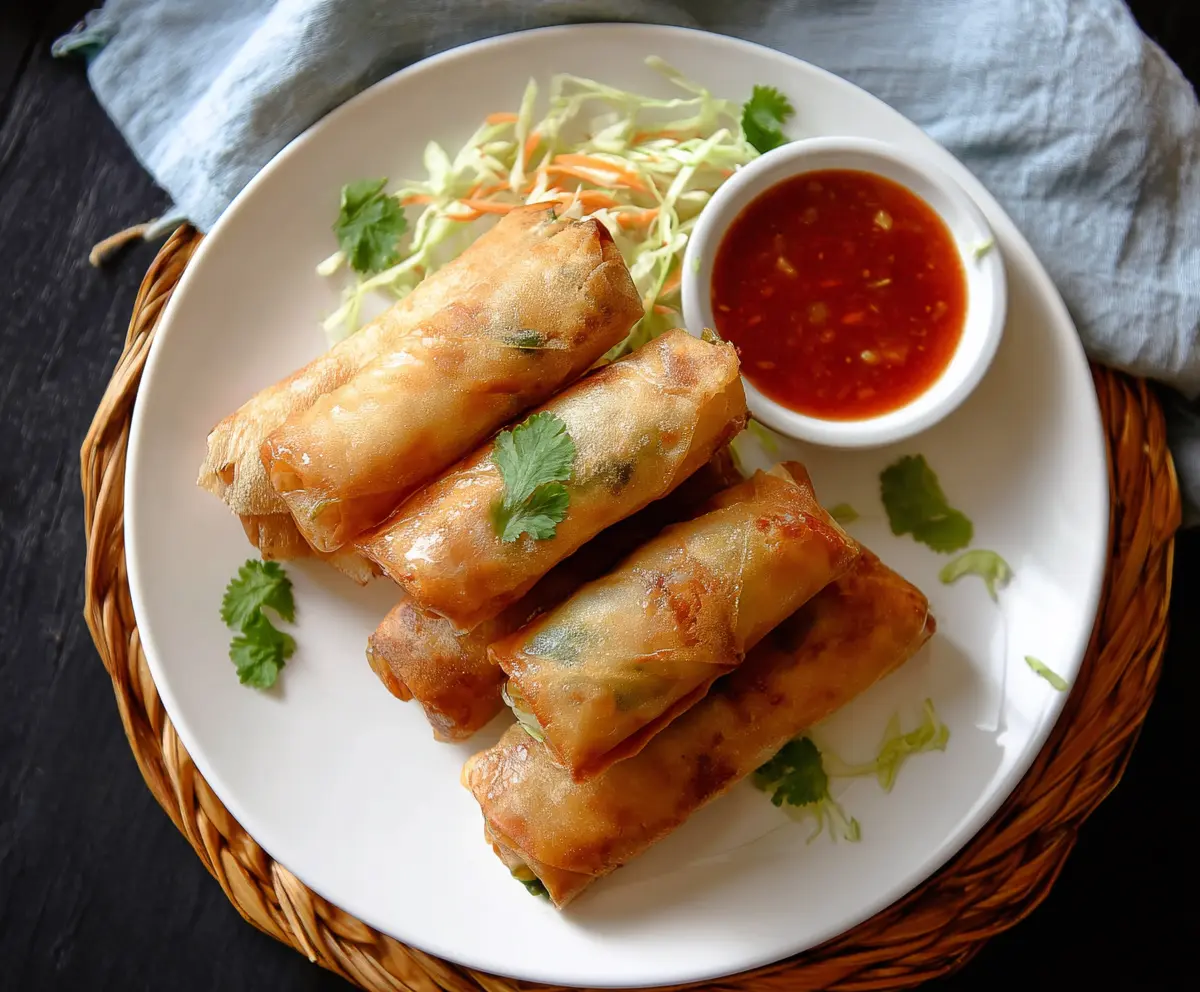 Fresh Bang Bang Vegetable Spring Rolls packed with colorful vegetables and served with a dipping sauce.
