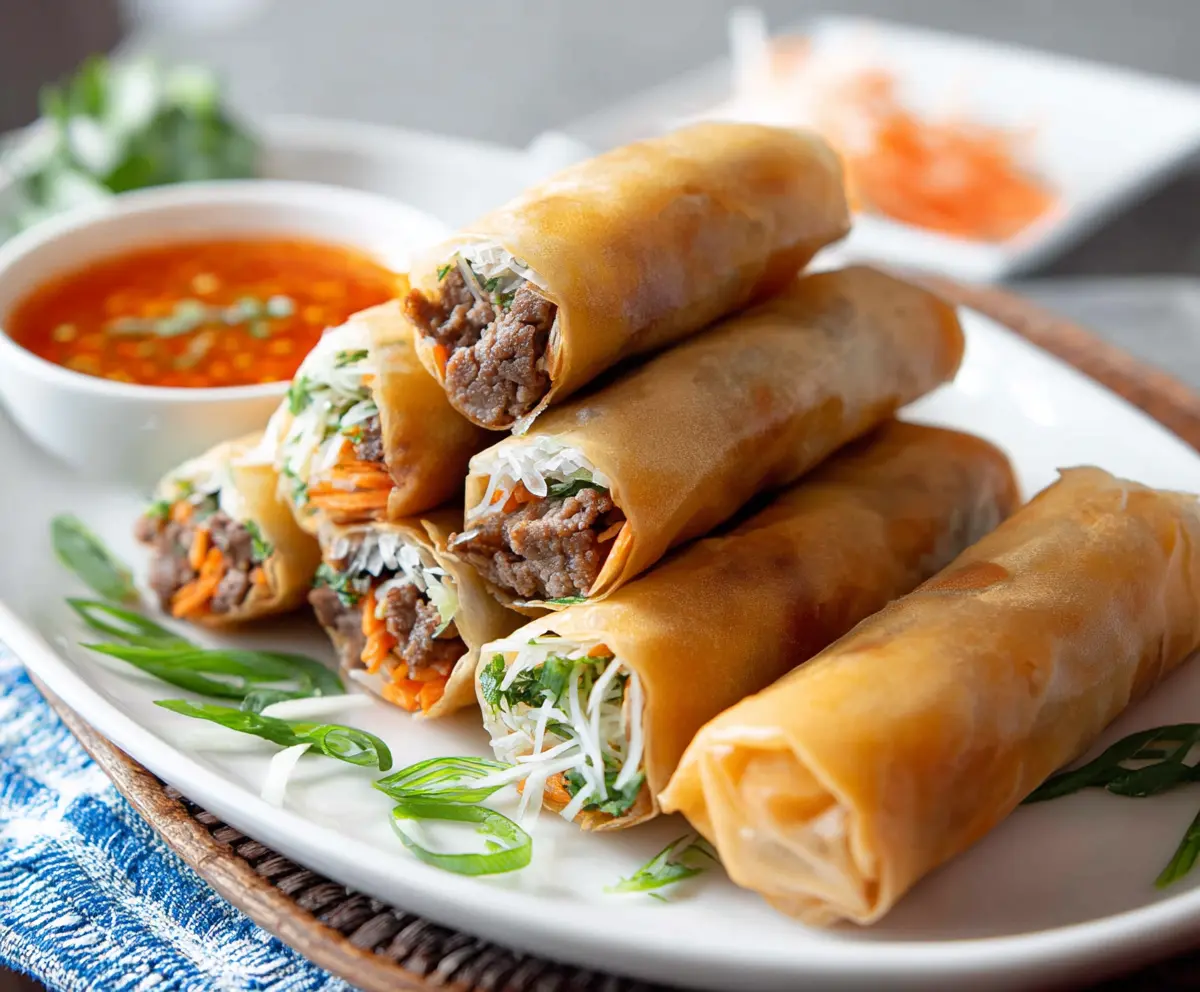 Delicious beef spring rolls with fresh vegetables and crispy rice paper for a tasty appetizer.