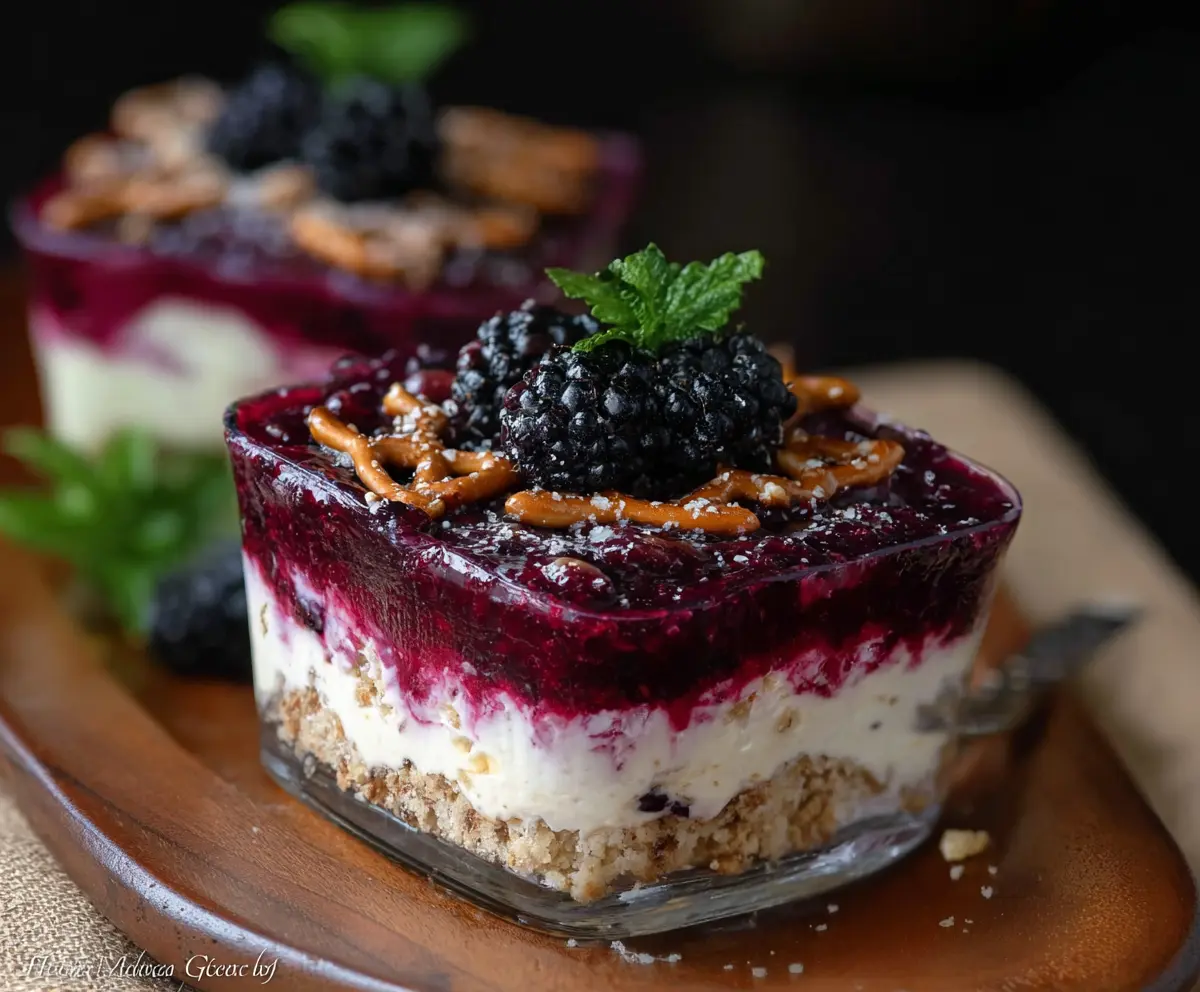 Delicious Blackberry Pretzel Dessert with fresh blackberries and a crunchy pretzel crust.