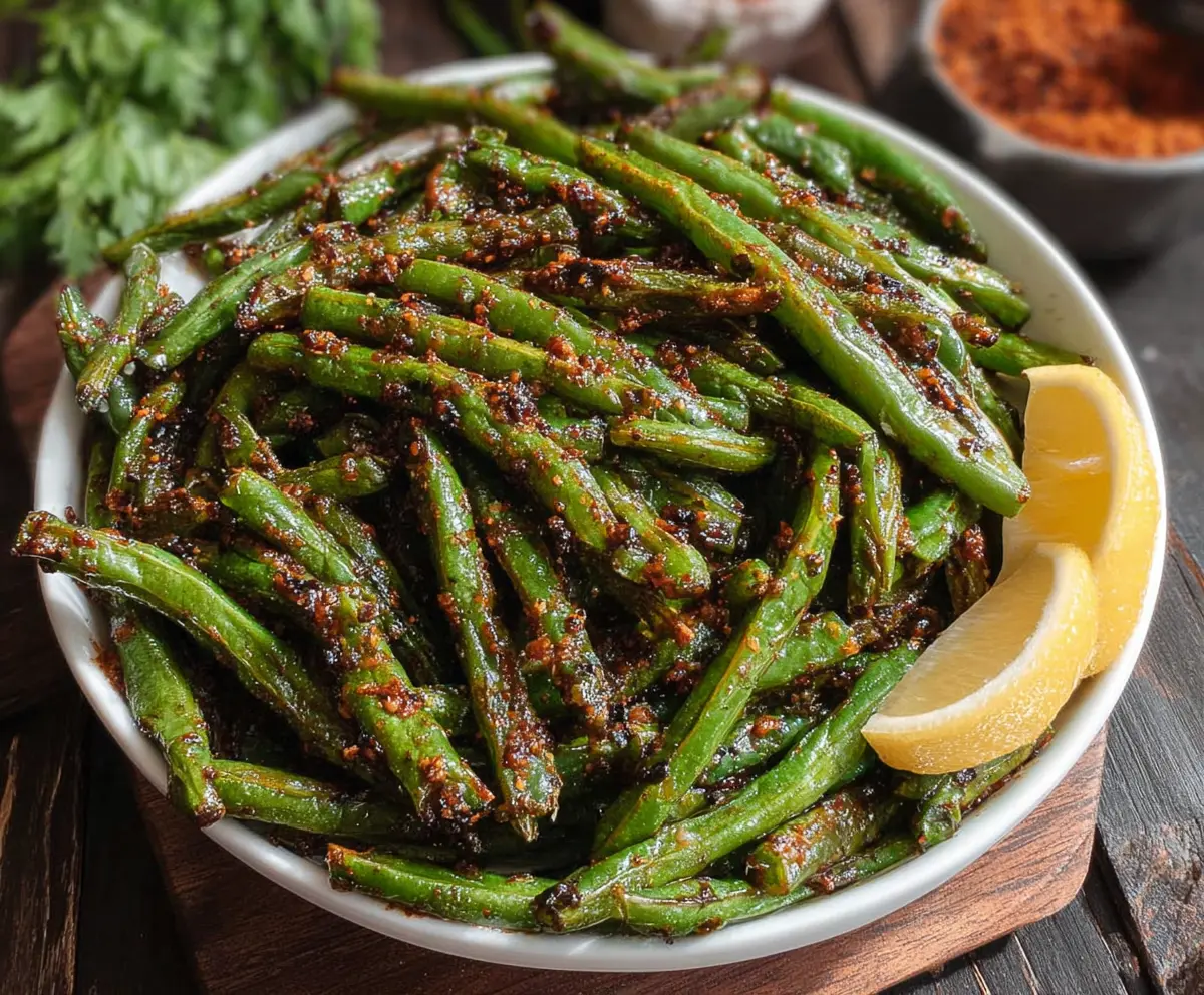 Delicious blackened green beans garnished with herbs, served as a flavorful side dish.