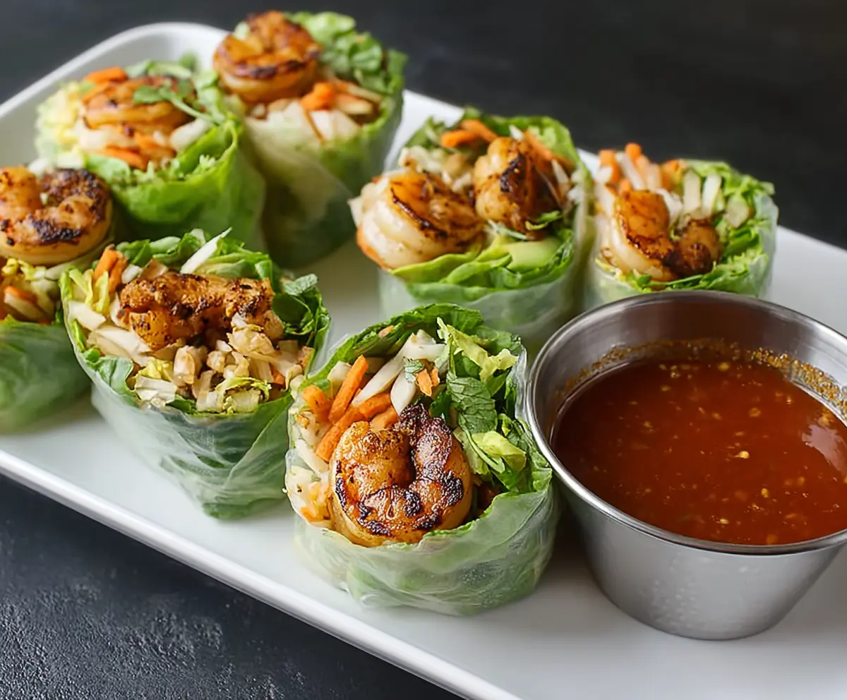 Delicious blackened shrimp spring rolls with fresh vegetables and herbs.
