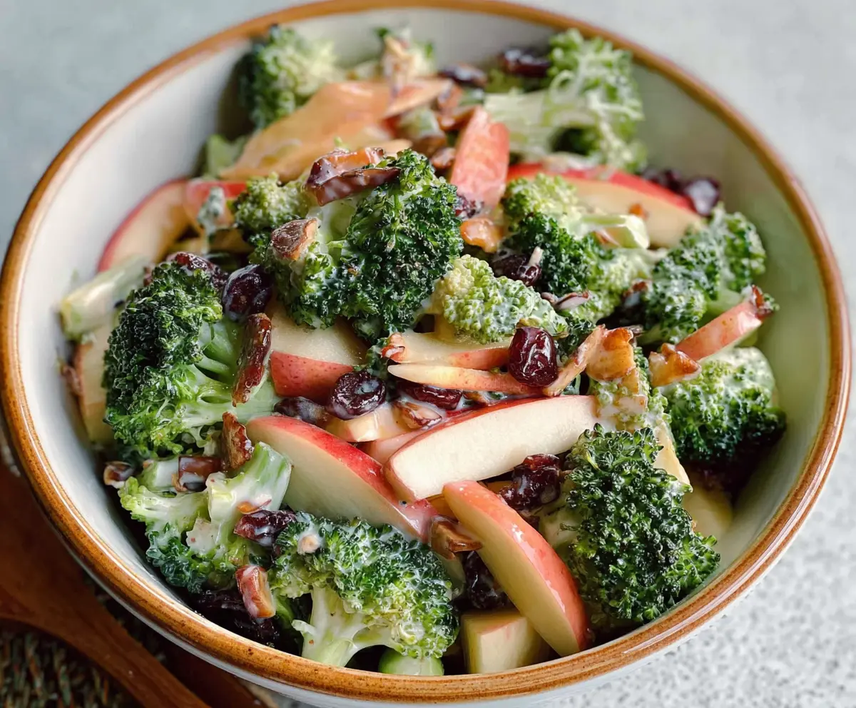 Fresh broccoli and apple salad in a bowl, healthy and colorful dish recipe.