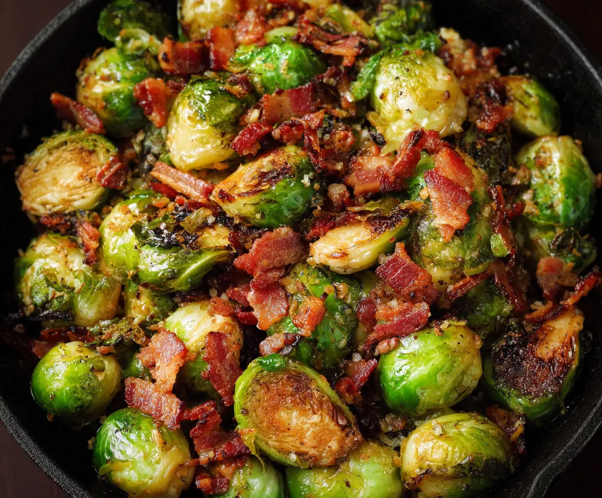 Delicious Brussels sprouts with crispy bacon, perfect for a healthy side dish.