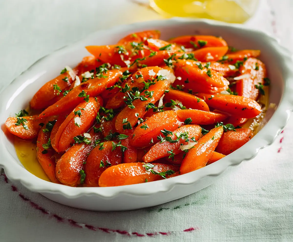 Delicious candied carrots garnished with a sprig of fresh herbs on a rustic plate.