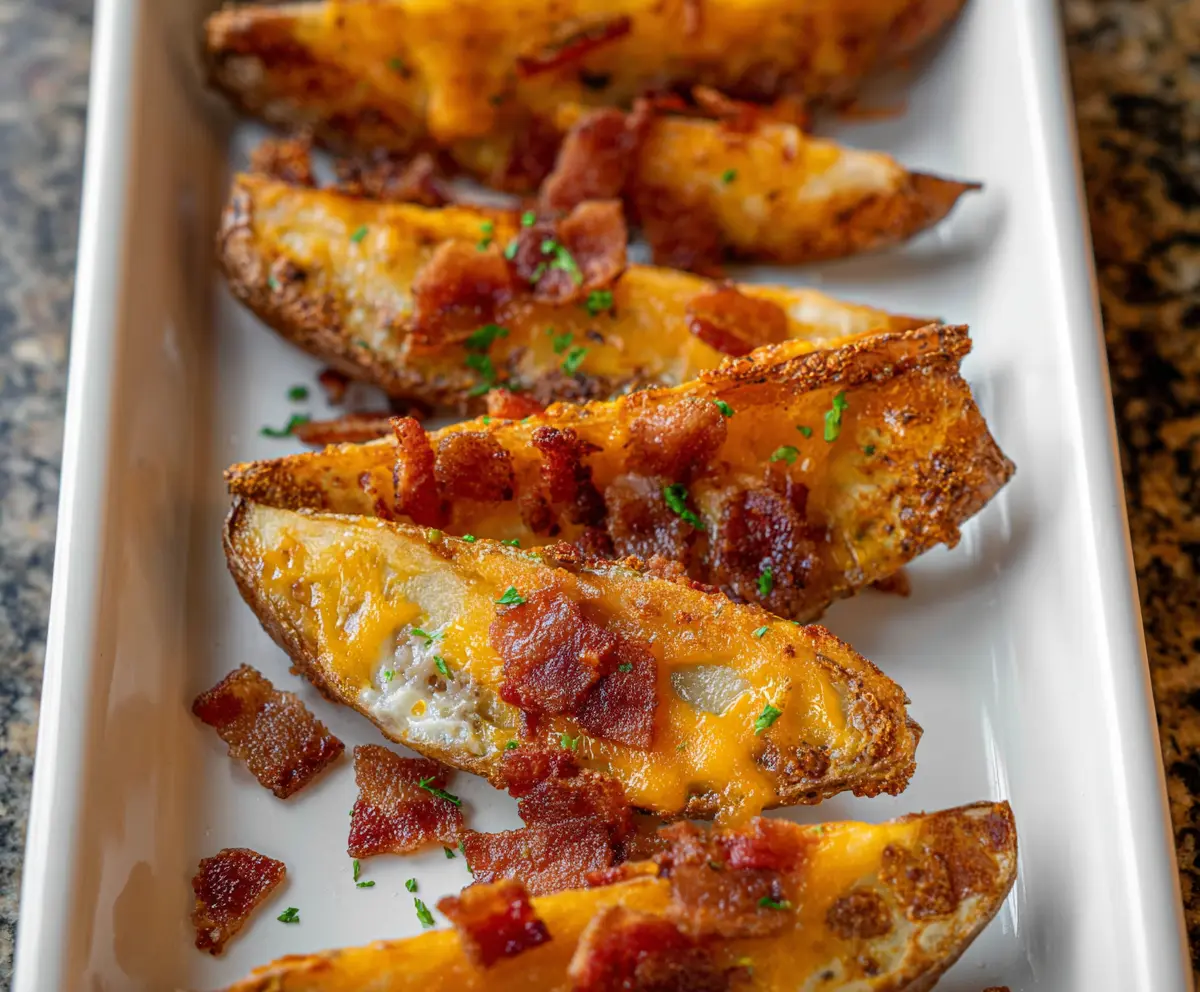 Delicious Cheddar Bacon Potato Wedges with melted cheese and crispy bacon topping.
