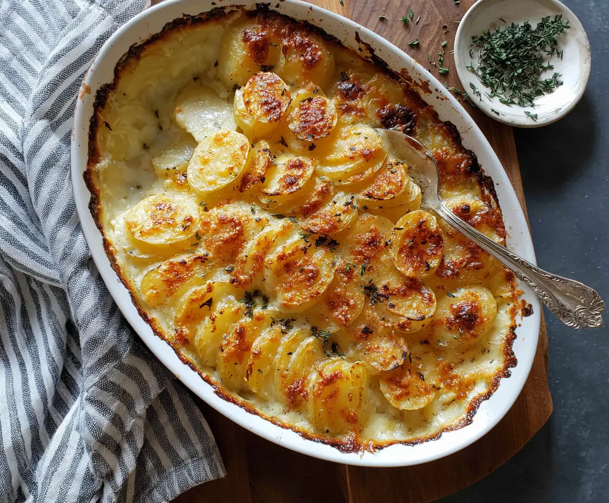 Delicious Cheesy Garlic Butter Potato Bake with melted cheese and crispy edges