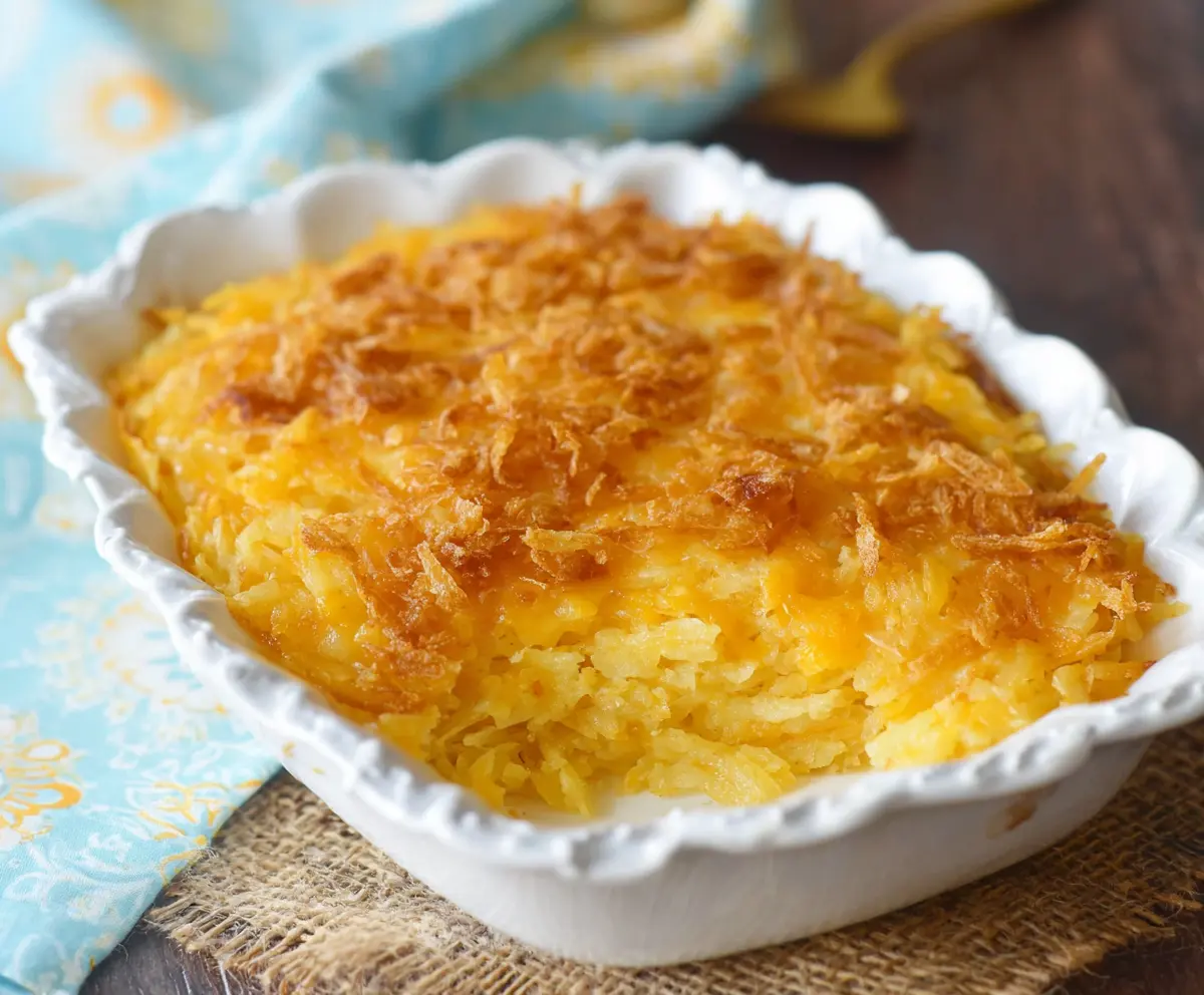 Delicious cheesy hashbrown casserole in a baking dish with melted cheese and crispy edges