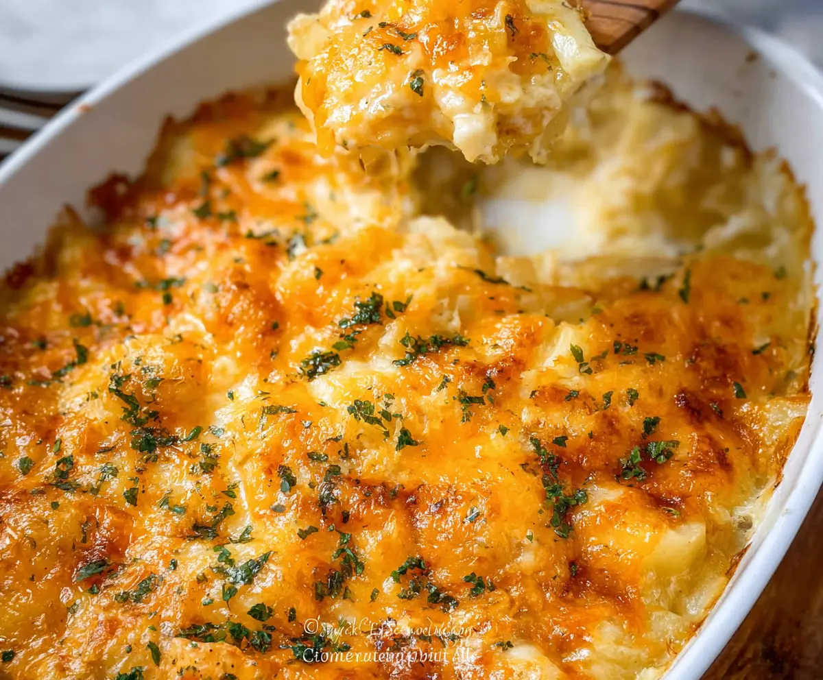Delicious cheesy potato casserole topped with melted cheese and fresh herbs, perfect for family dinner.