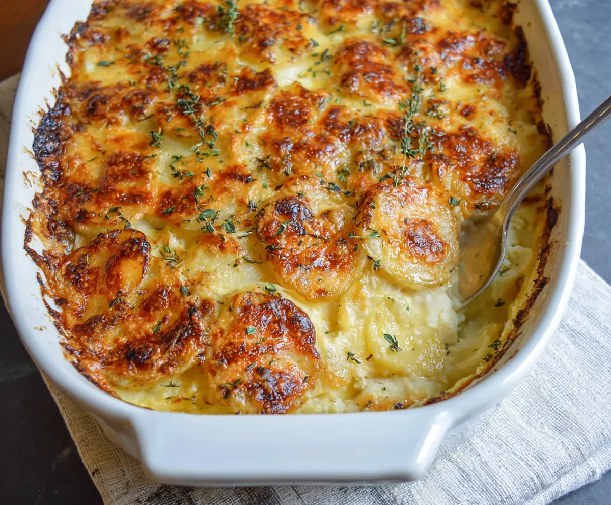 Delicious cheesy scalloped potatoes bake with golden crust and melted cheese topping.