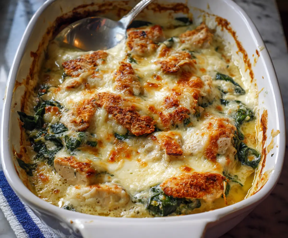 Delicious chicken and spinach casserole topped with creamy cream cheese, ready to serve.