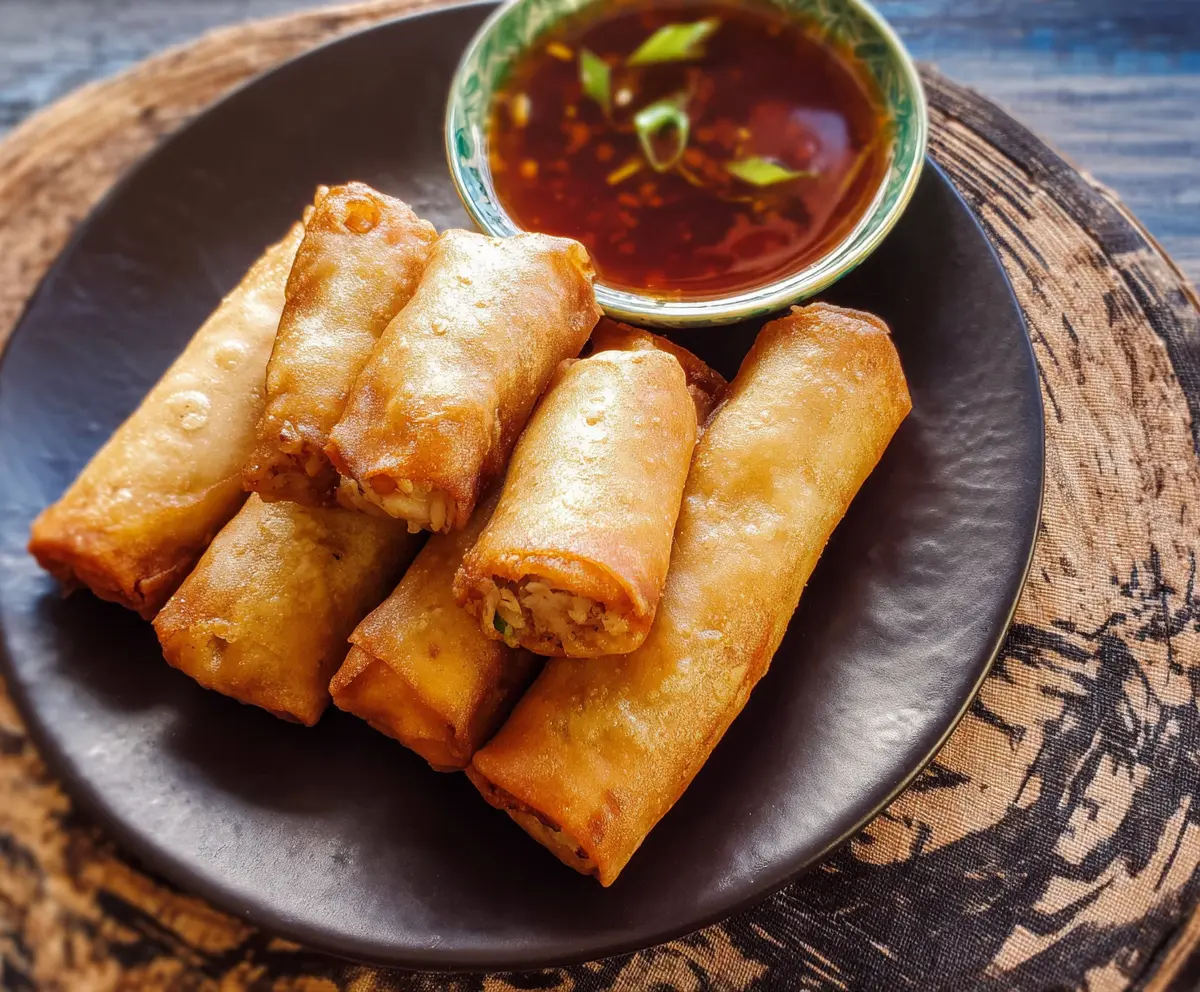 Delicious crispy chicken lumpia with golden-brown coating, served fresh with dipping sauce.