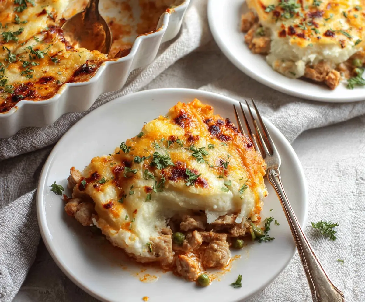 Delicious homemade chicken Shepherd's Pie with golden mashed potato topping and savory chicken filling.