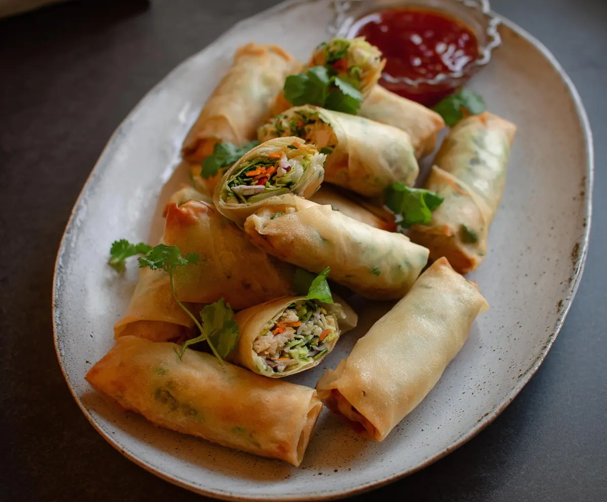 Fresh chicken vegetable spring rolls served with dipping sauce, crispy and delicious appetizer