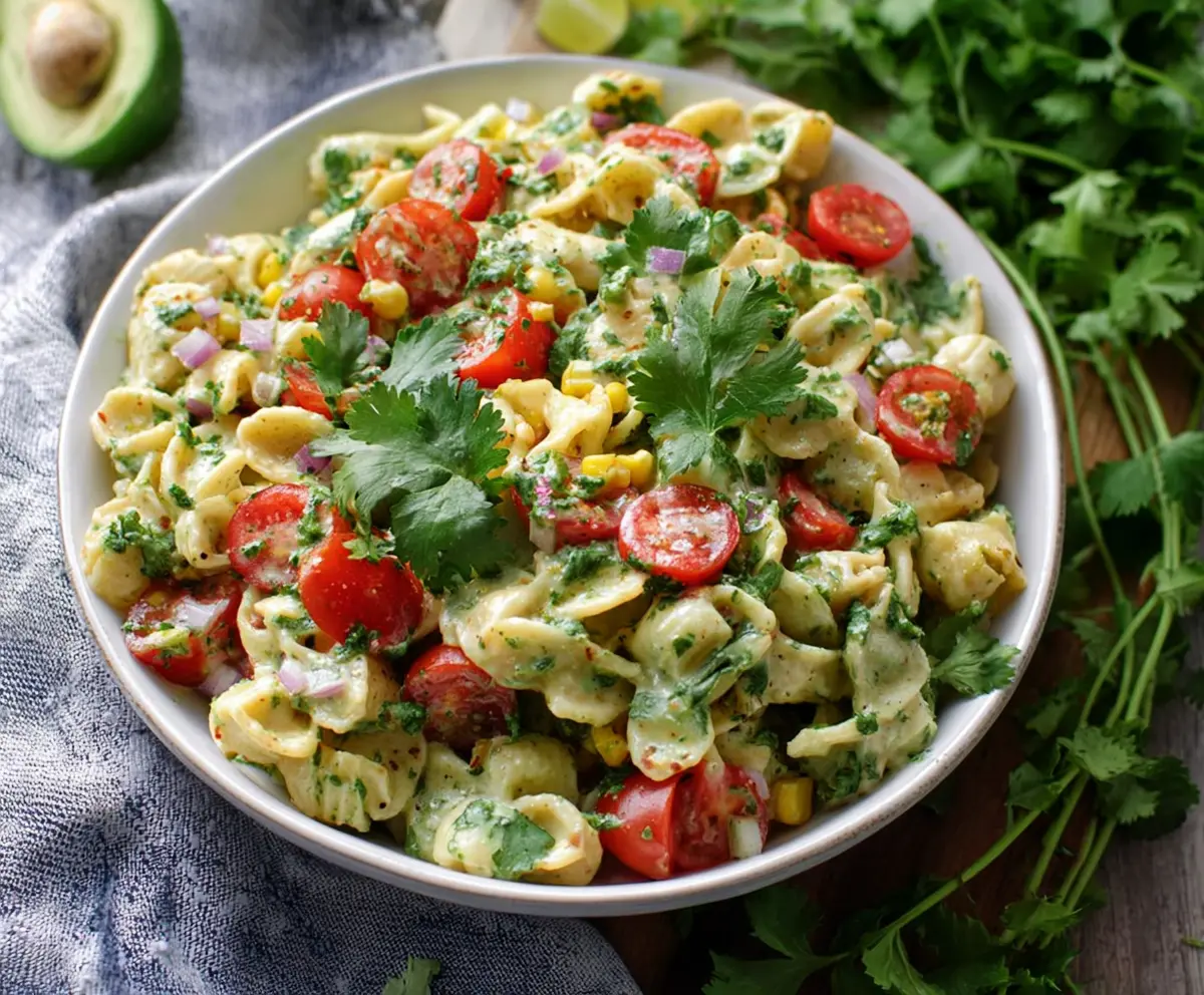 Fresh cilantro lime pasta salad with vibrant herbs and zesty lime dressing in a bowl.