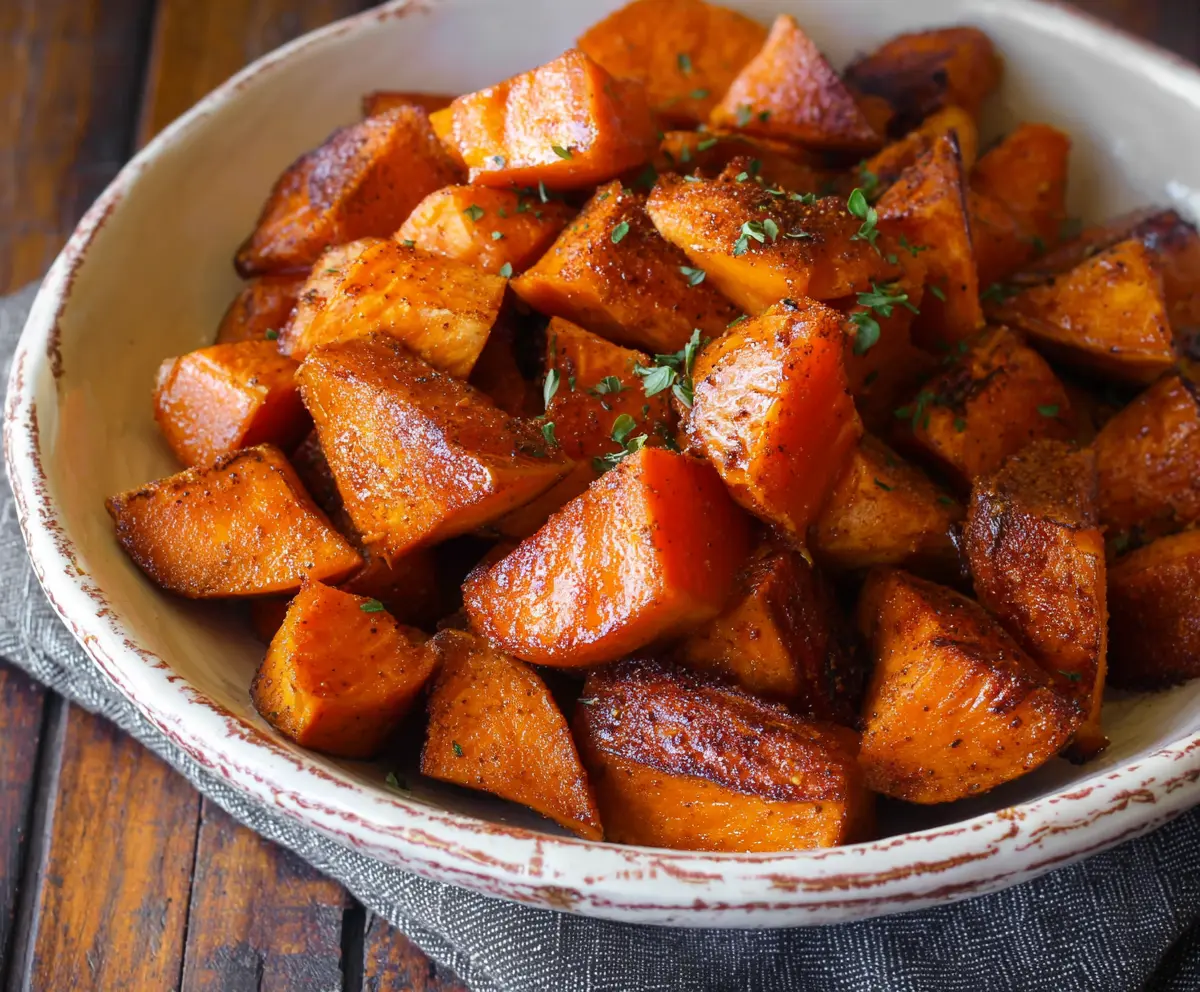 Delicious cinnamon roasted sweet potatoes garnished with cinnamon sticks and fresh herbs