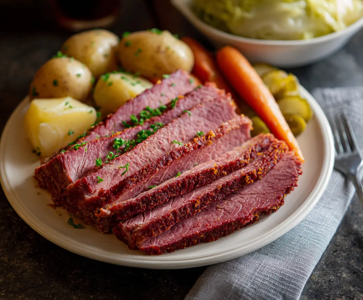 Delicious cooked Corned Beef and Cabbage served on a plate, perfect for a traditional Irish meal