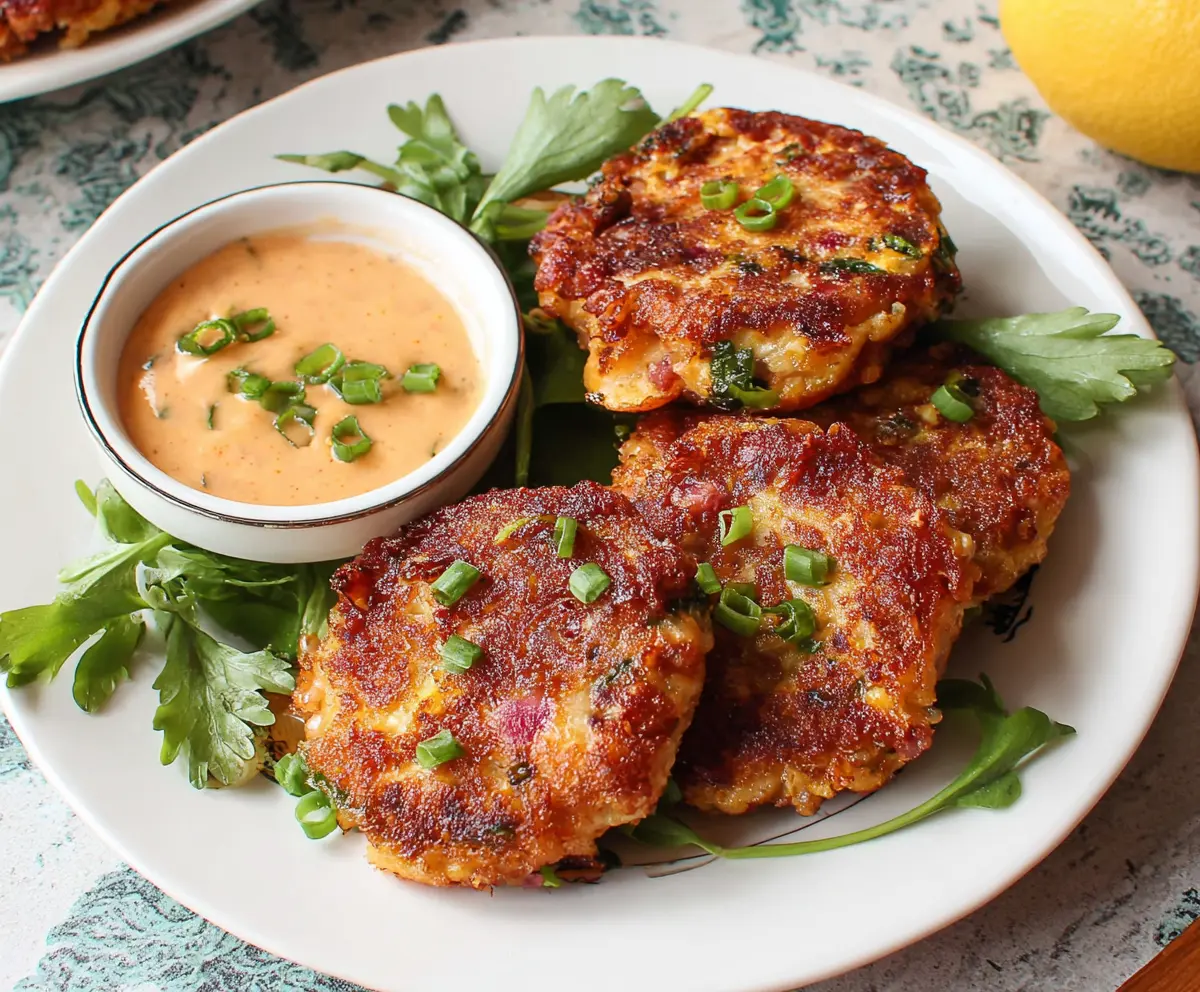 Crispy Corned Beef Fritters served with dipping sauce on a white plate