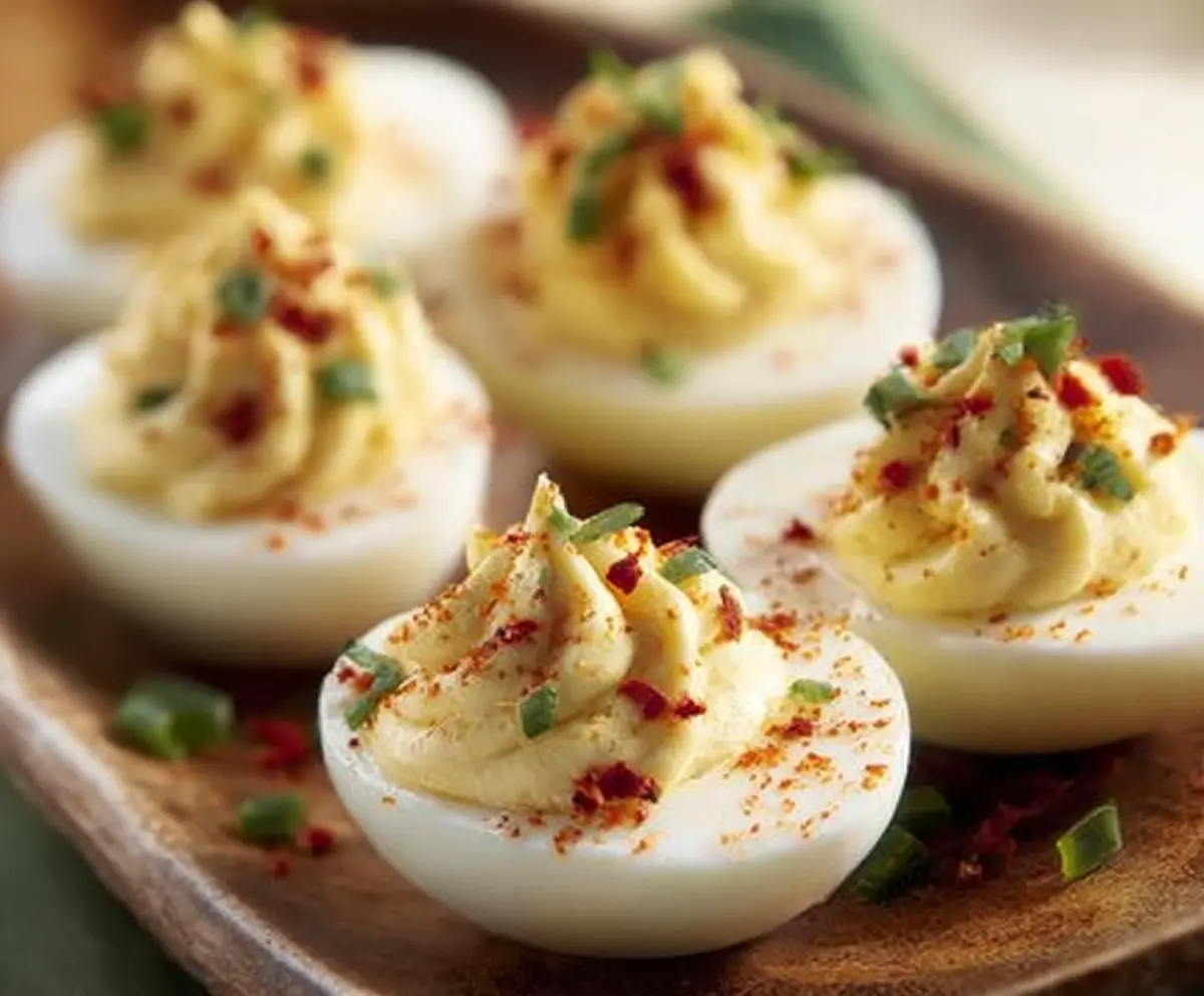 Cream Cheese Deviled Eggs with smooth filling and garnished with paprika on a white platter.