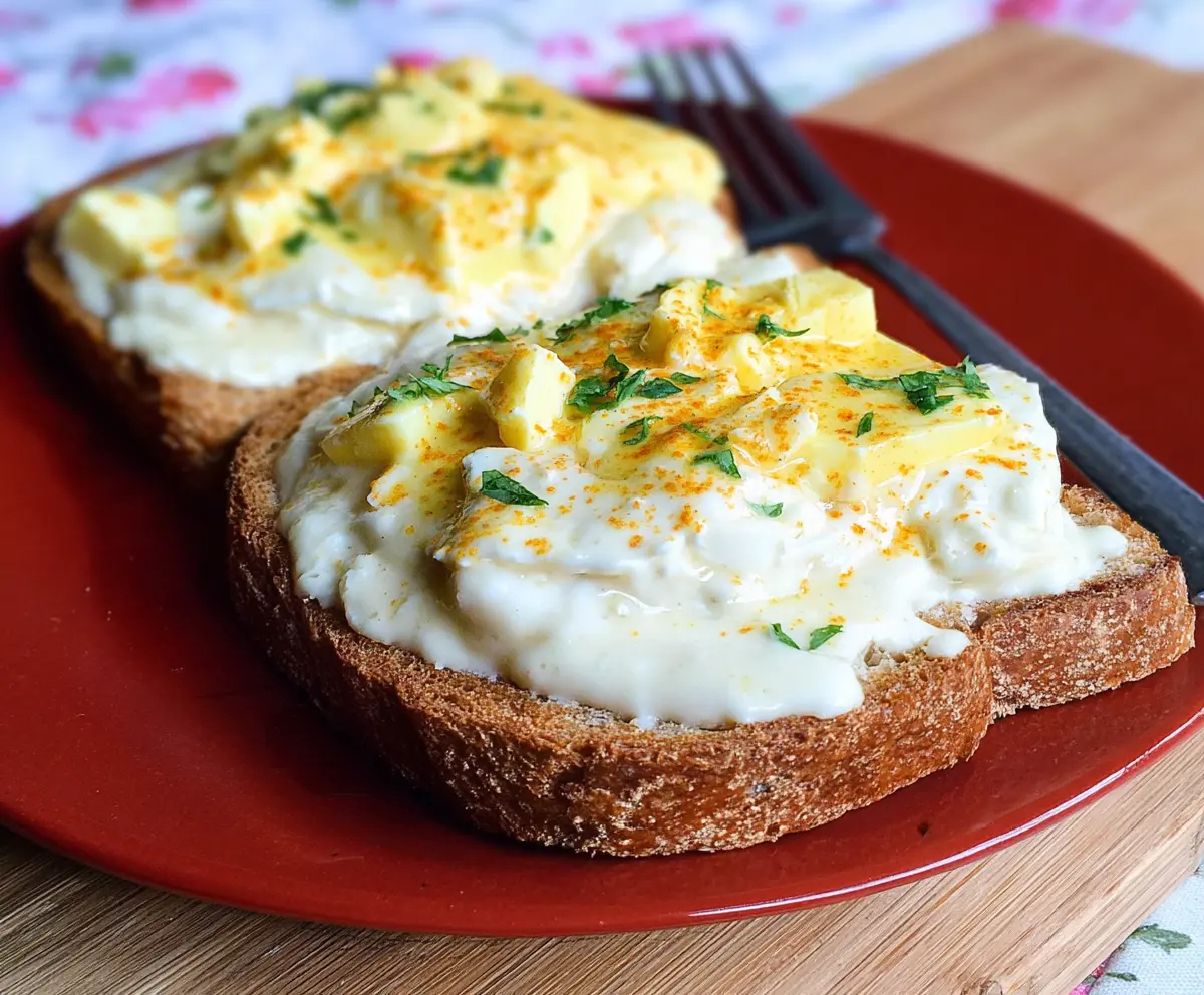 Delicious creamed eggs served on toasted bread for a hearty breakfast.