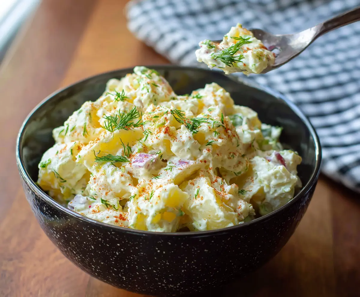 Creamy potato salad with fresh herbs and mayonnaise in a bowl, perfect for summer picnics