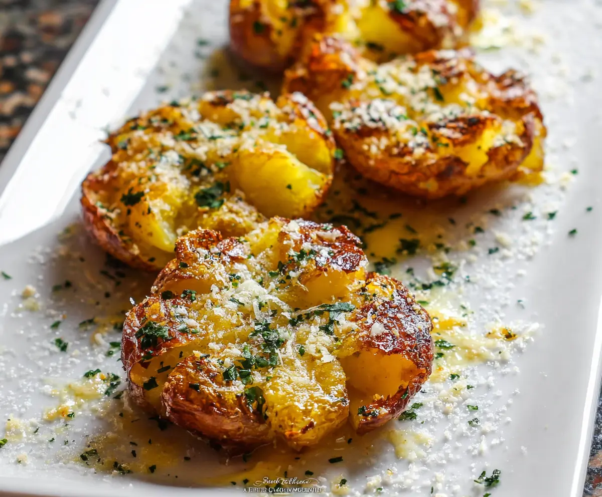 Crispy garlic butter parmesan smashed potatoes served on a plate, garnished with fresh herbs.