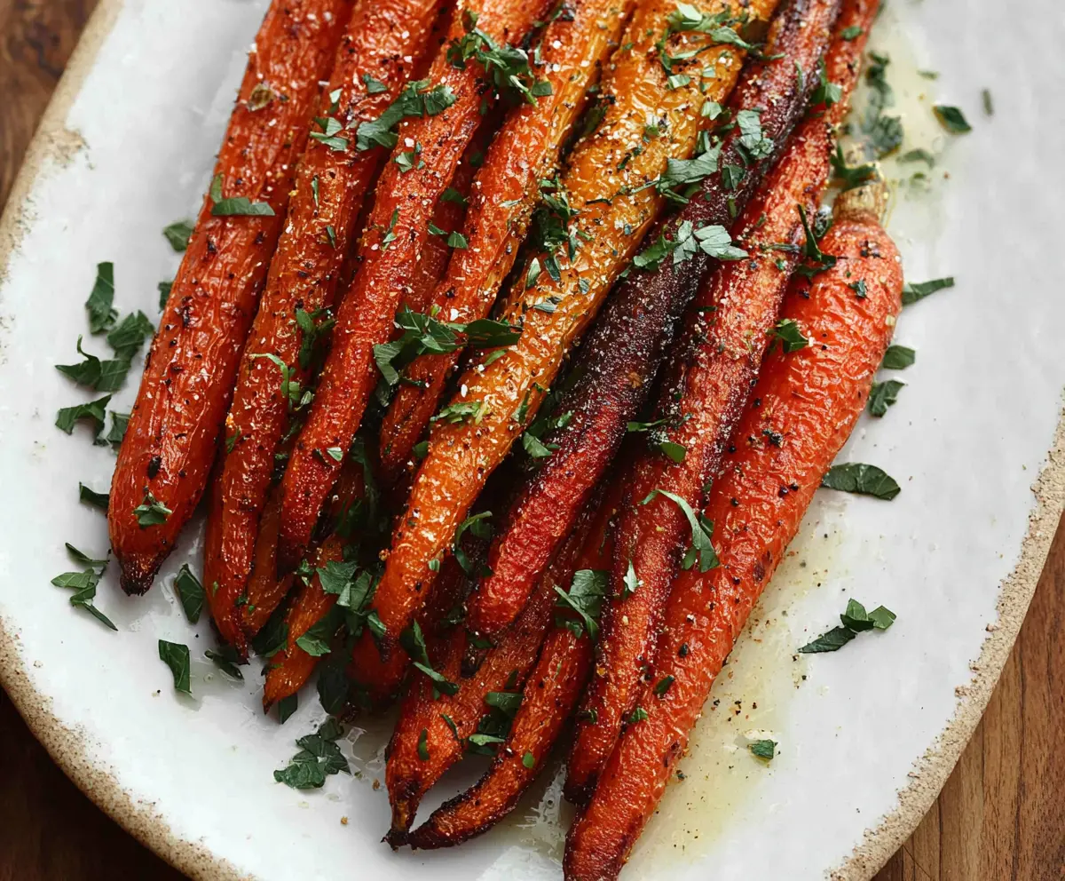 Close-up of crispy roasted carrots garnished with herbs on a white plate.