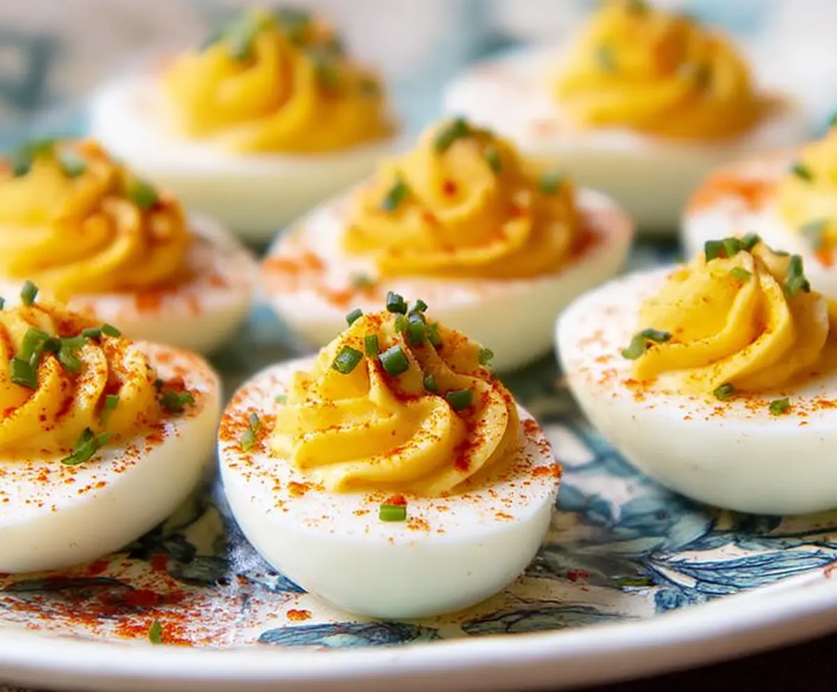 Creamy deviled eggs with smooth yolk filling garnished with paprika on a white plate