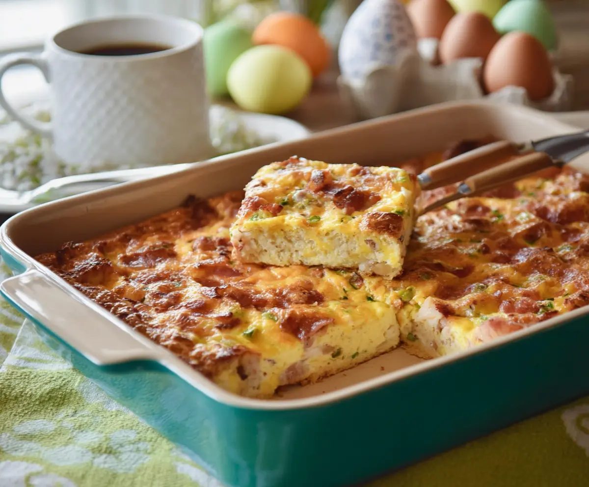 Delicious Easter Breakfast Casserole with eggs, cheese, and breakfast meats in a baking dish.