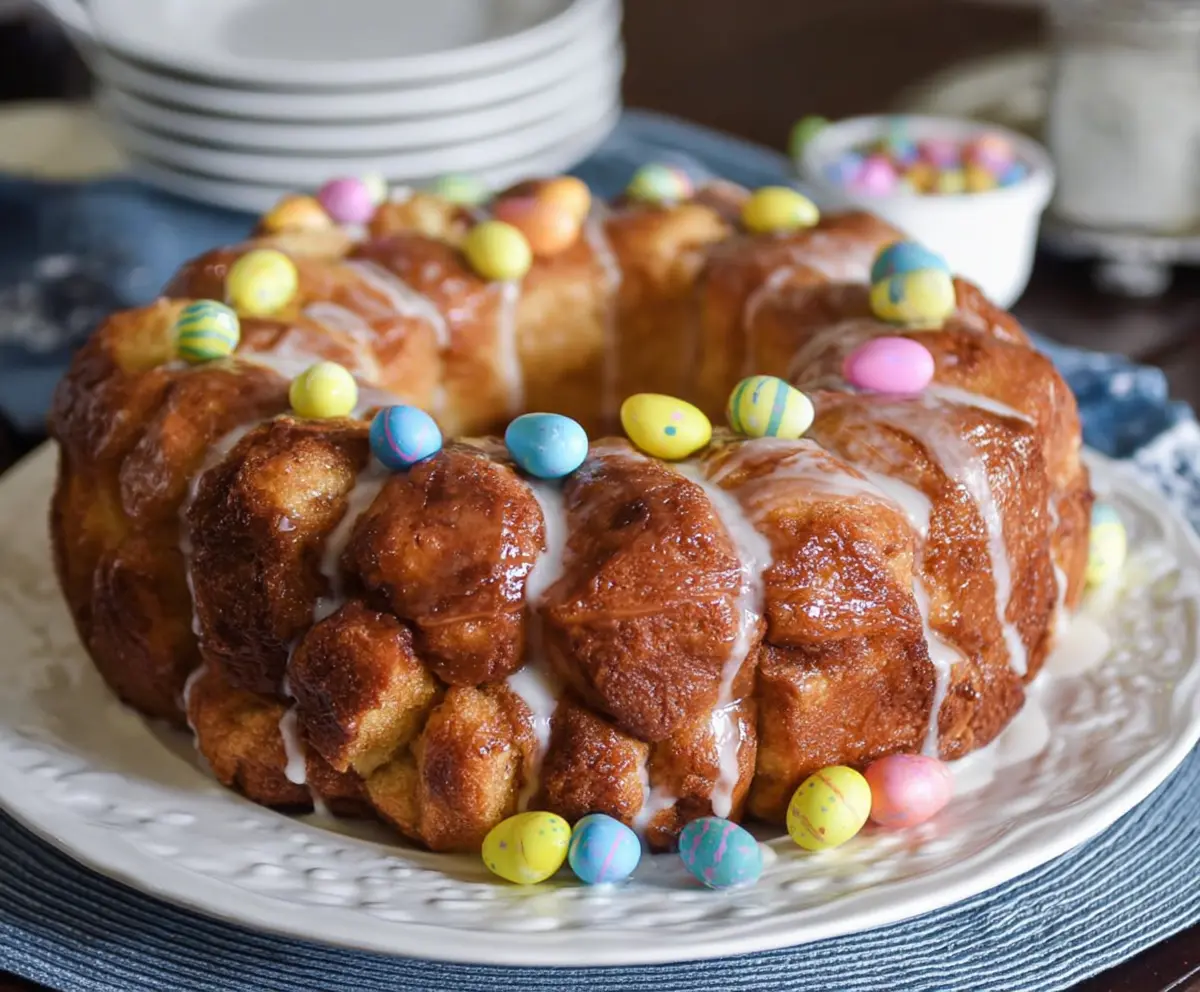 Delicious Easter Brunch Monkey Bread topped with powdered sugar and fresh strawberries.