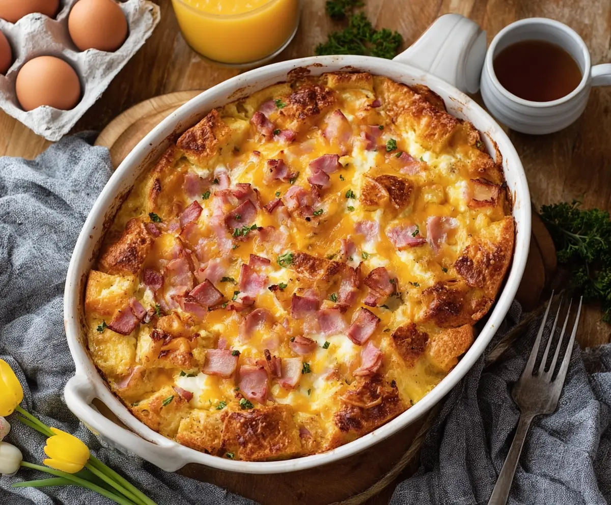 Delicious Easter Cheesy Ham and Egg Casserole with melted cheese and savory ham slices on a serving plate.