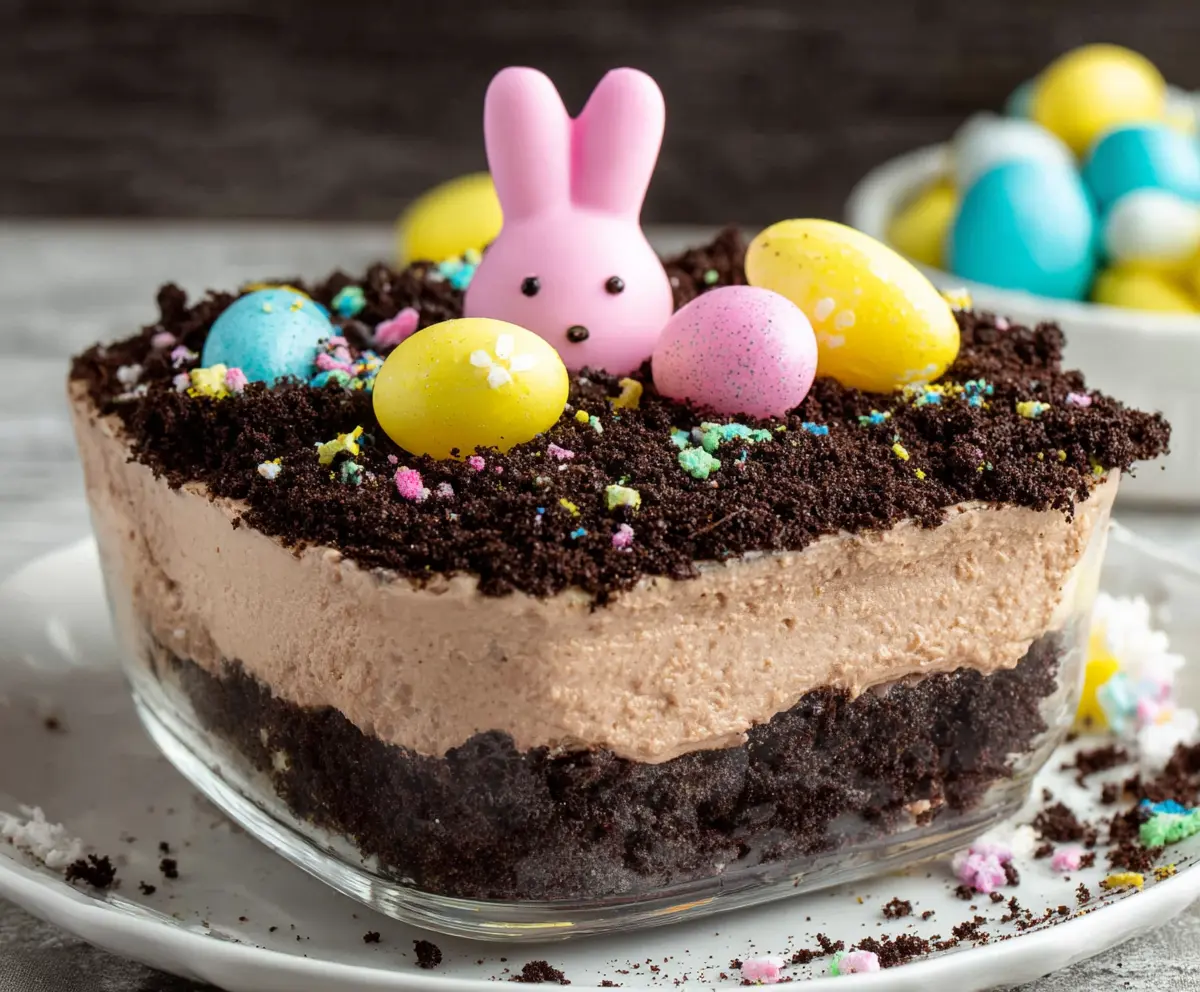 Easter Dirt Cake decorated with colorful candies and jelly beans for a festive celebration