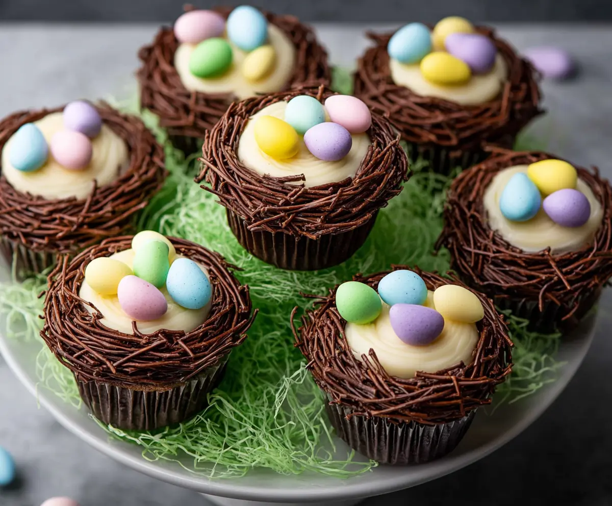 Decorative Easter Egg Nest Cupcakes with colorful candy eggs and green frosting grass.