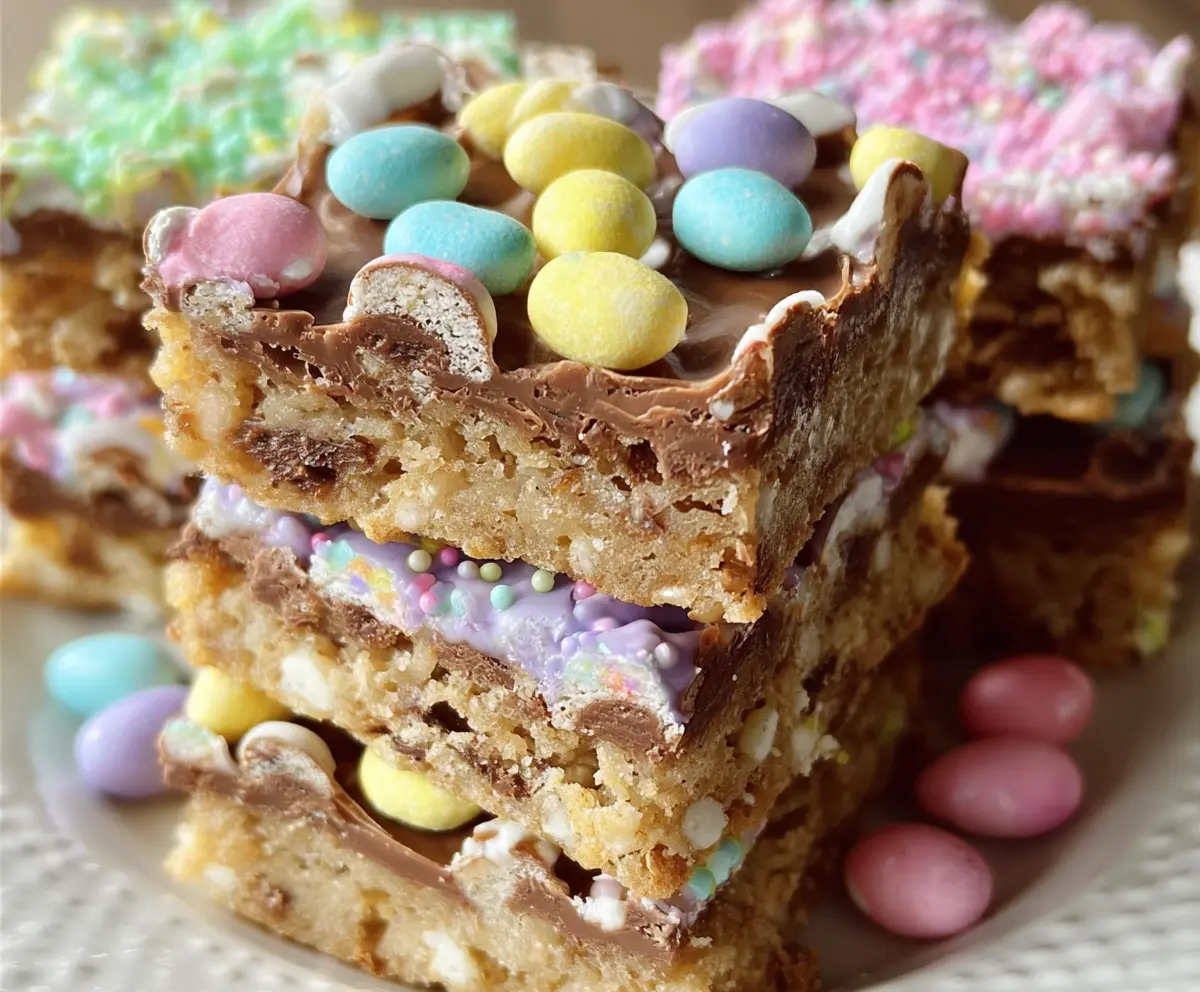 Delicious Easter Goody Bars with colorful sprinkles and chocolate drizzle on a festive platter.