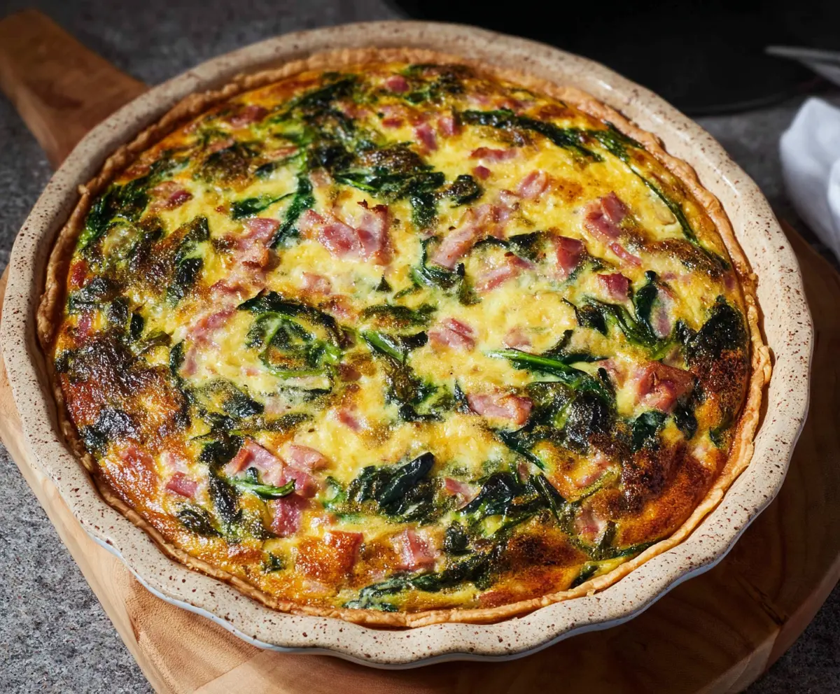 Delicious Easter ham and spinach quiche topped with fresh herbs, perfect for holiday brunches.