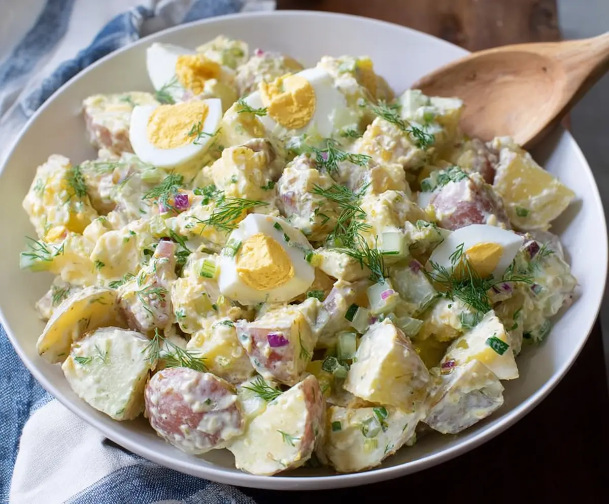Colorful Easter Potato Salad with fresh herbs and vegetables on a festive table.