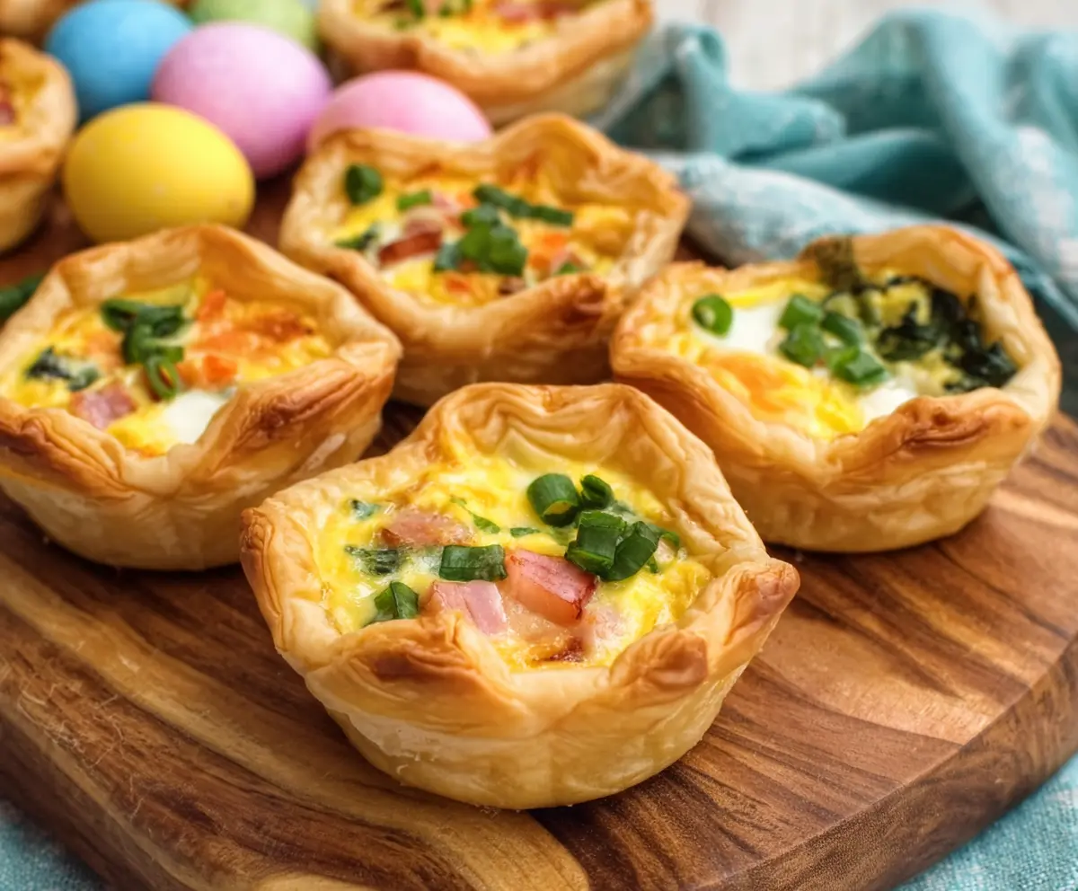 Delicious Easter Puff Pastry Quiche Cups filled with cheese, vegetables, and ham for a festive brunch.