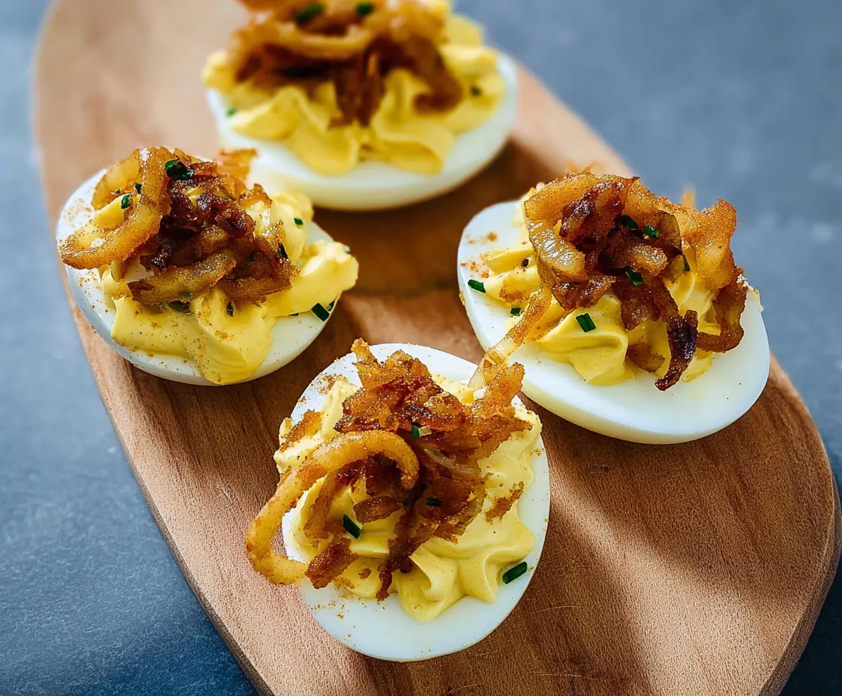 Delicious French Onion Deviled Eggs garnished with caramelized onions and fresh herbs.