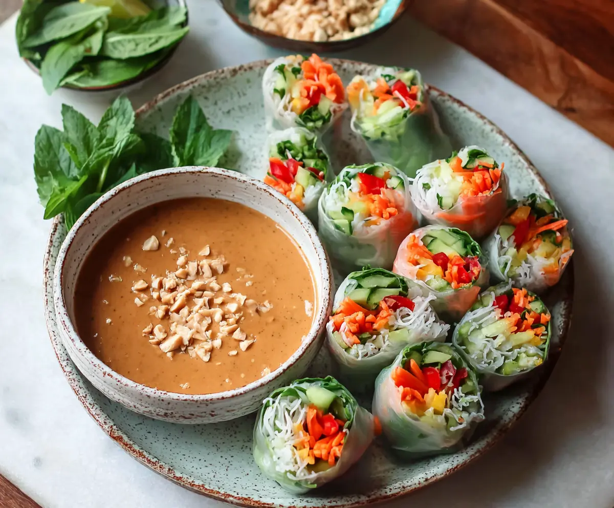 Fresh spring rolls filled with vegetables and herbs served with peanut sauce for a healthy snack.