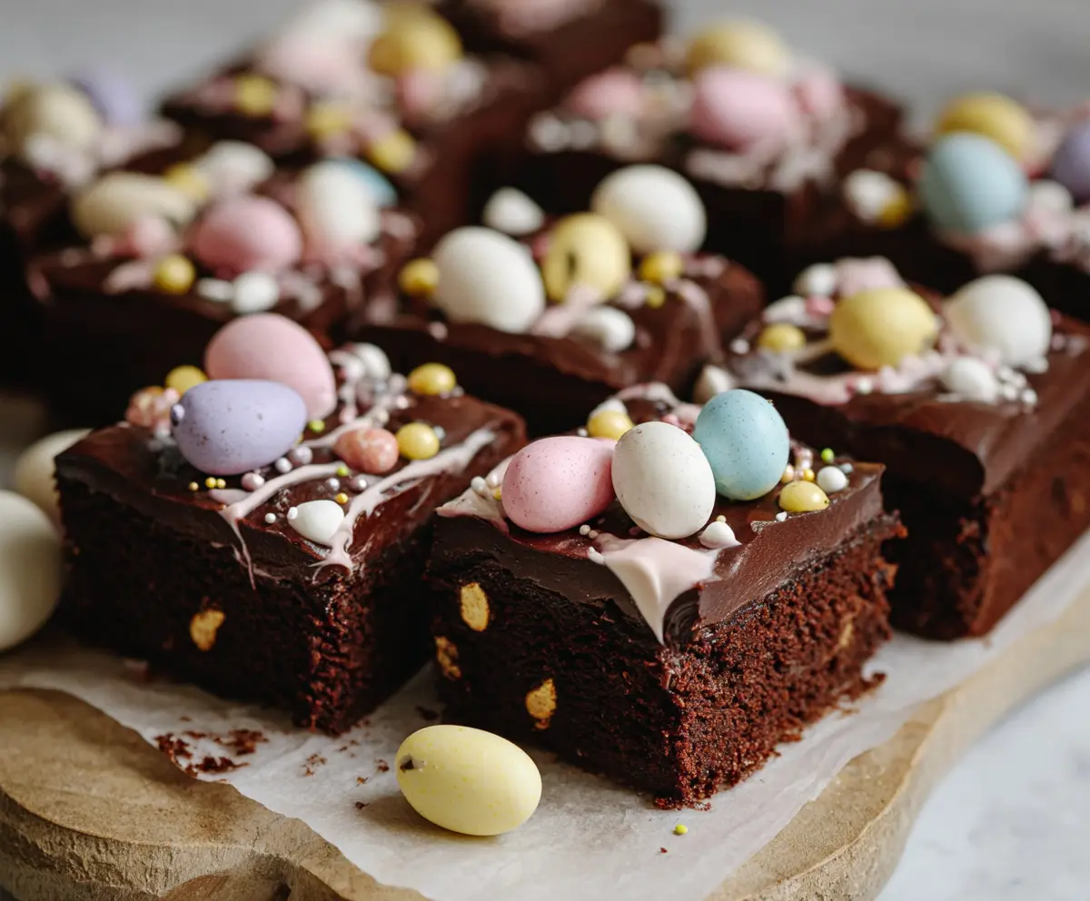 Frosted Mini Egg Easter Brownies with colorful decorations for spring celebration