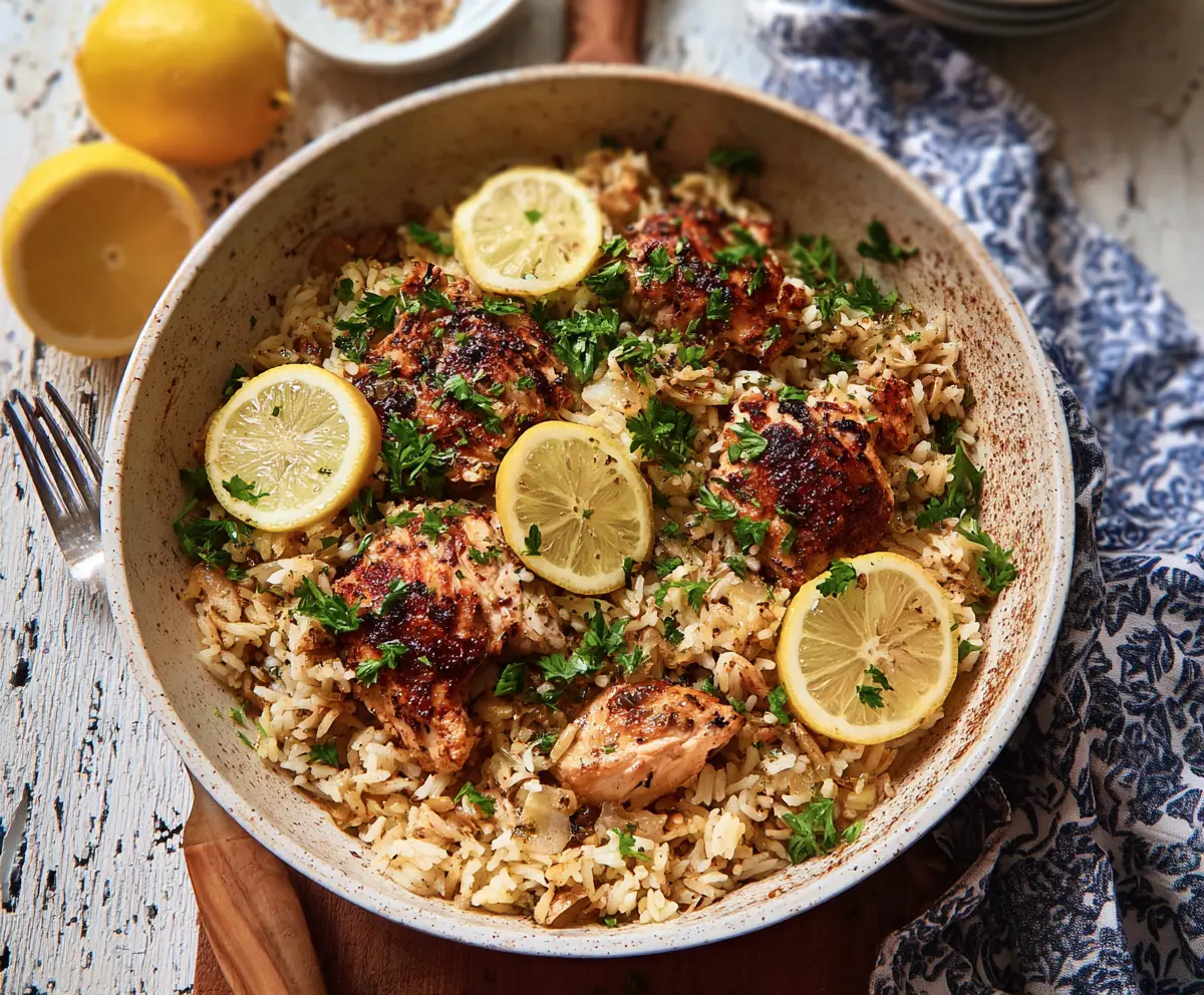 Delicious Greek Lemon Rice with Tender Chicken, garnished with fresh herbs