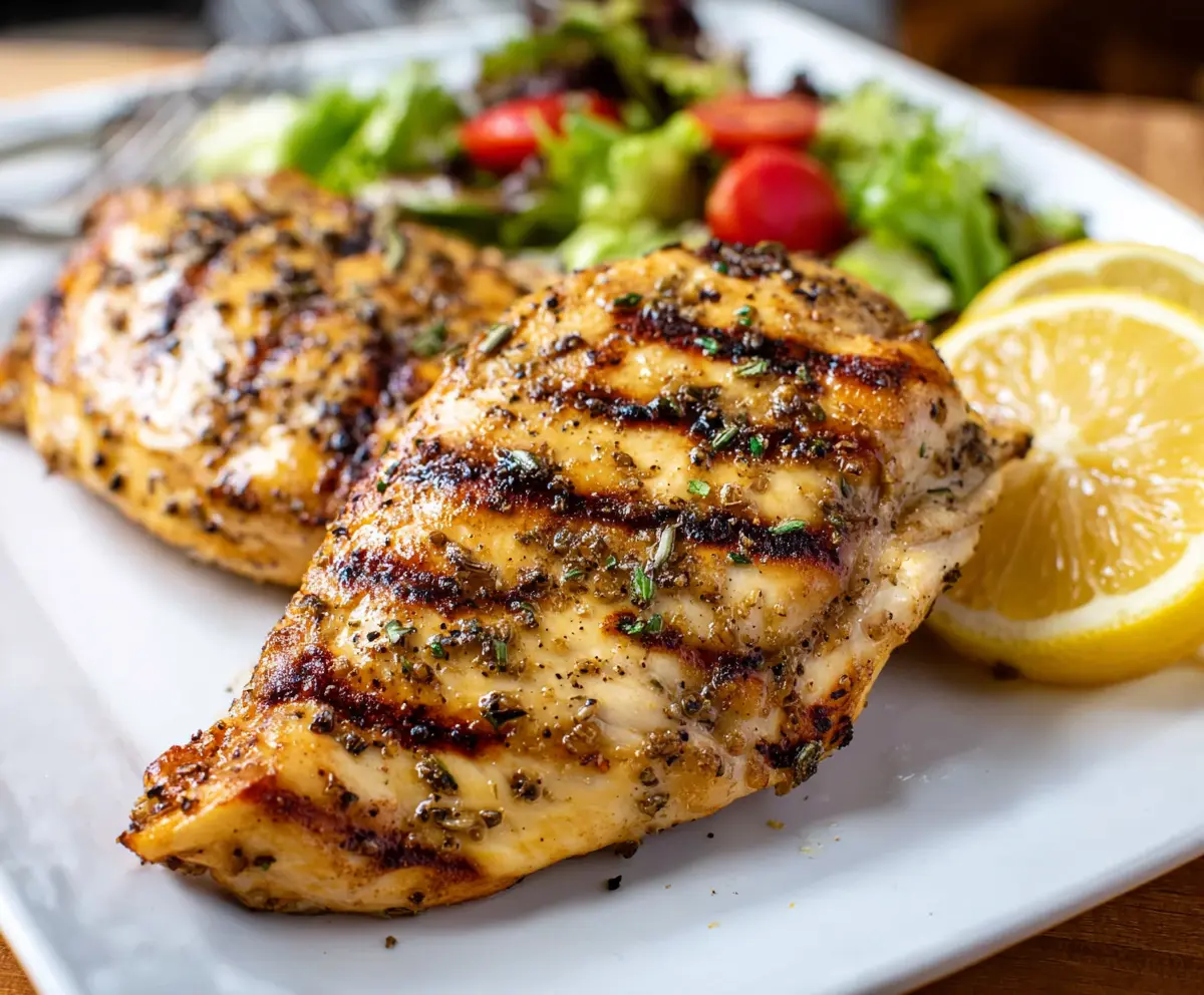 Juicy grilled lemon pepper chicken breast served on a plate, perfect for a flavorful summer meal.