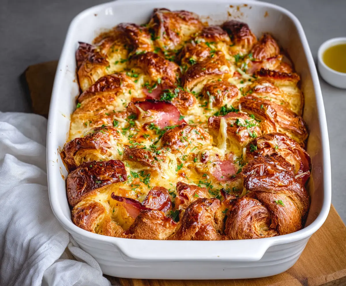 Golden Ham and Cheese Croissant Brunch Bake served in a baking dish, perfect for breakfast or brunch