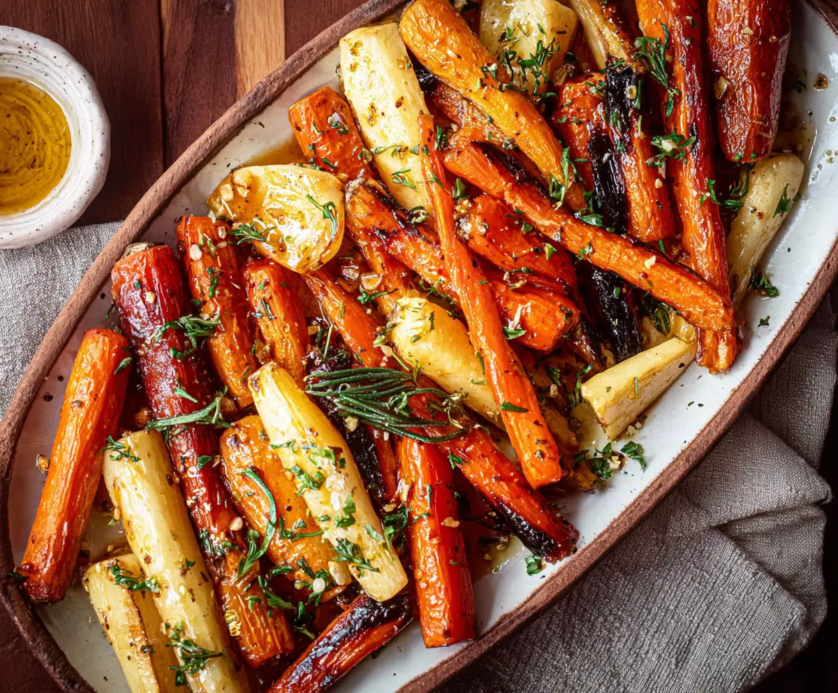 Delicious honey garlic roasted carrots and parsnips on a platter, caramelized and glistening.