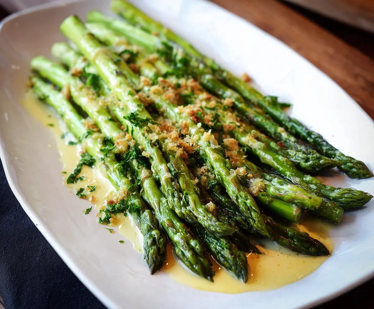 Delicious honey mustard glazed asparagus tips ready to serve.