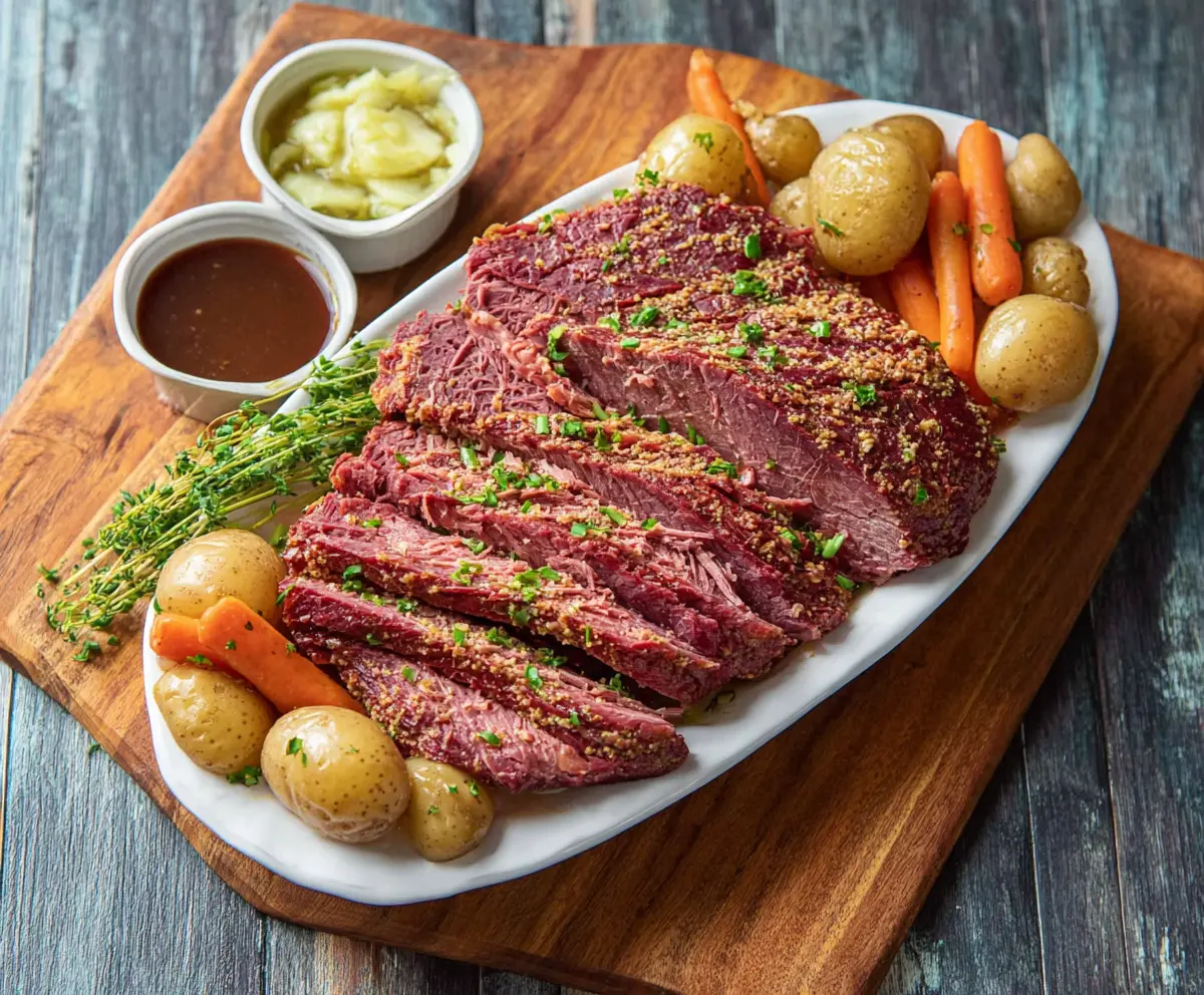 Juicy Instant Pot Corned Beef Brisket with tender slices and seasoned potatoes