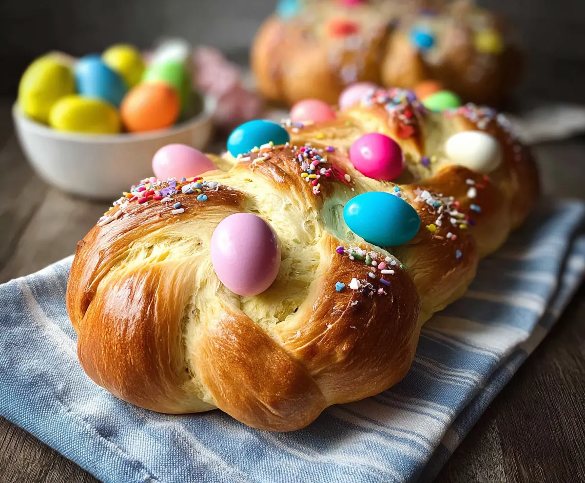 Delicious Italian Easter bread decorated with vibrant, colorful eggs for a festive celebration.